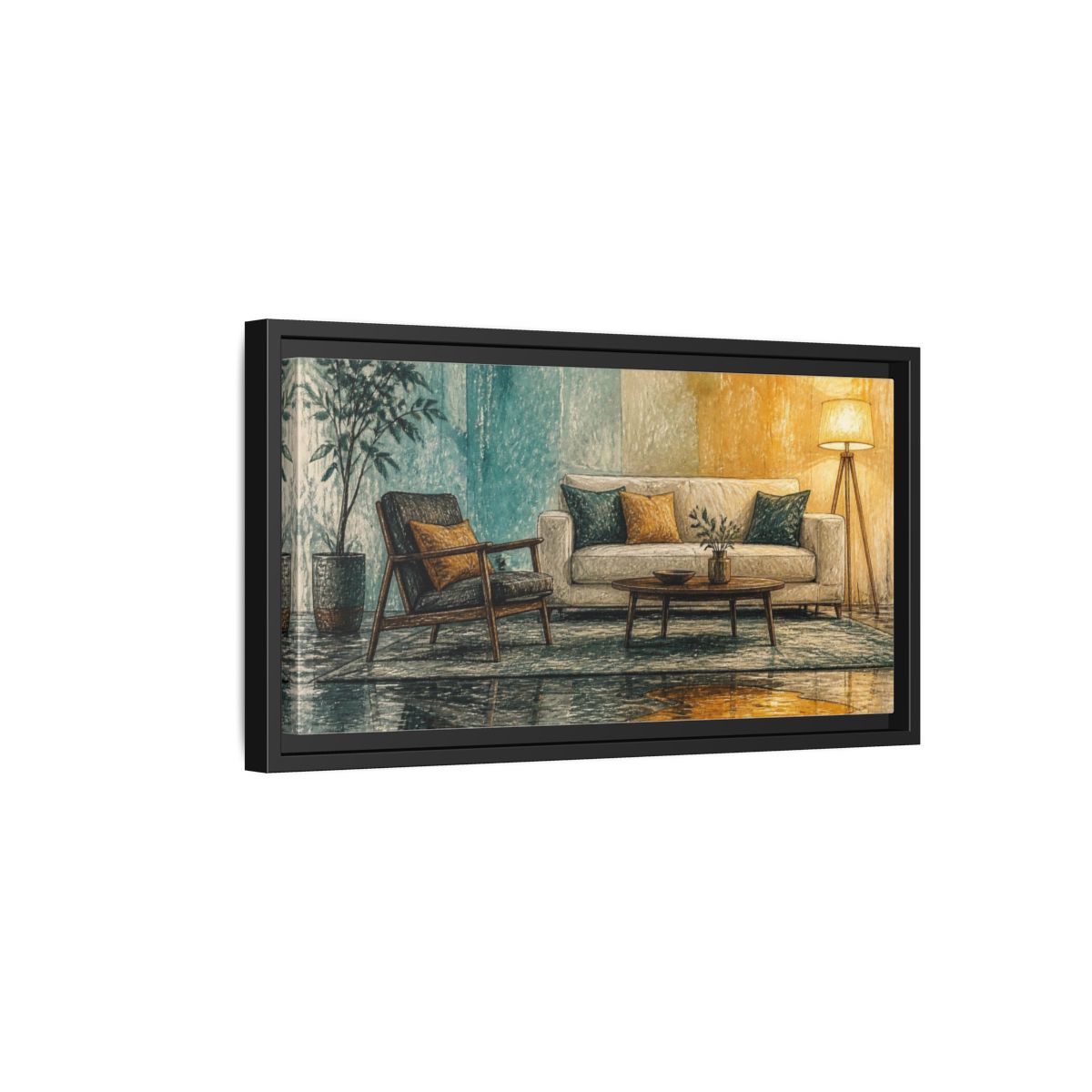 Side Mockup 8. Living Room Sofa With Amber Puddle shown as framed canvas print