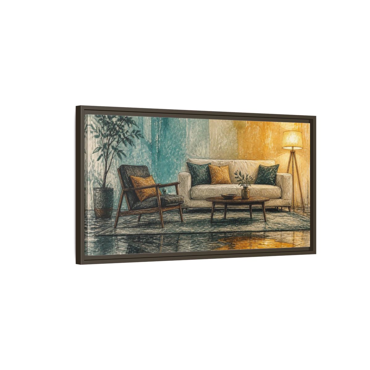 Main Mockup. Living Room Sofa With Amber Puddle shown as framed canvas print