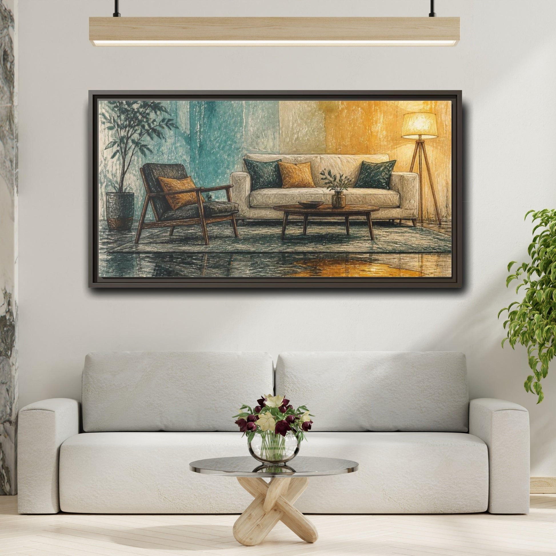Mockup 2. Living Room Sofa With Amber Puddle shown as framed canvas print