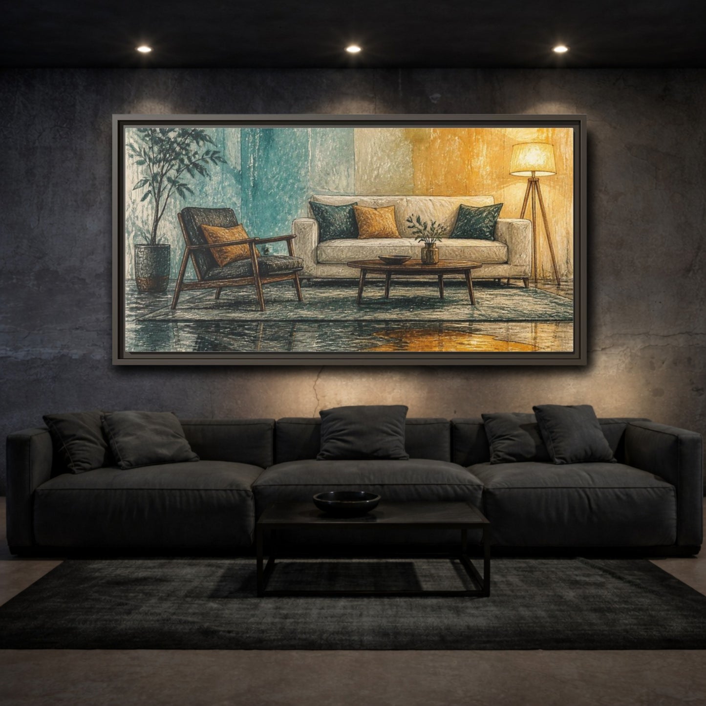 Mockup 3. Living Room Sofa With Amber Puddle shown as framed canvas print