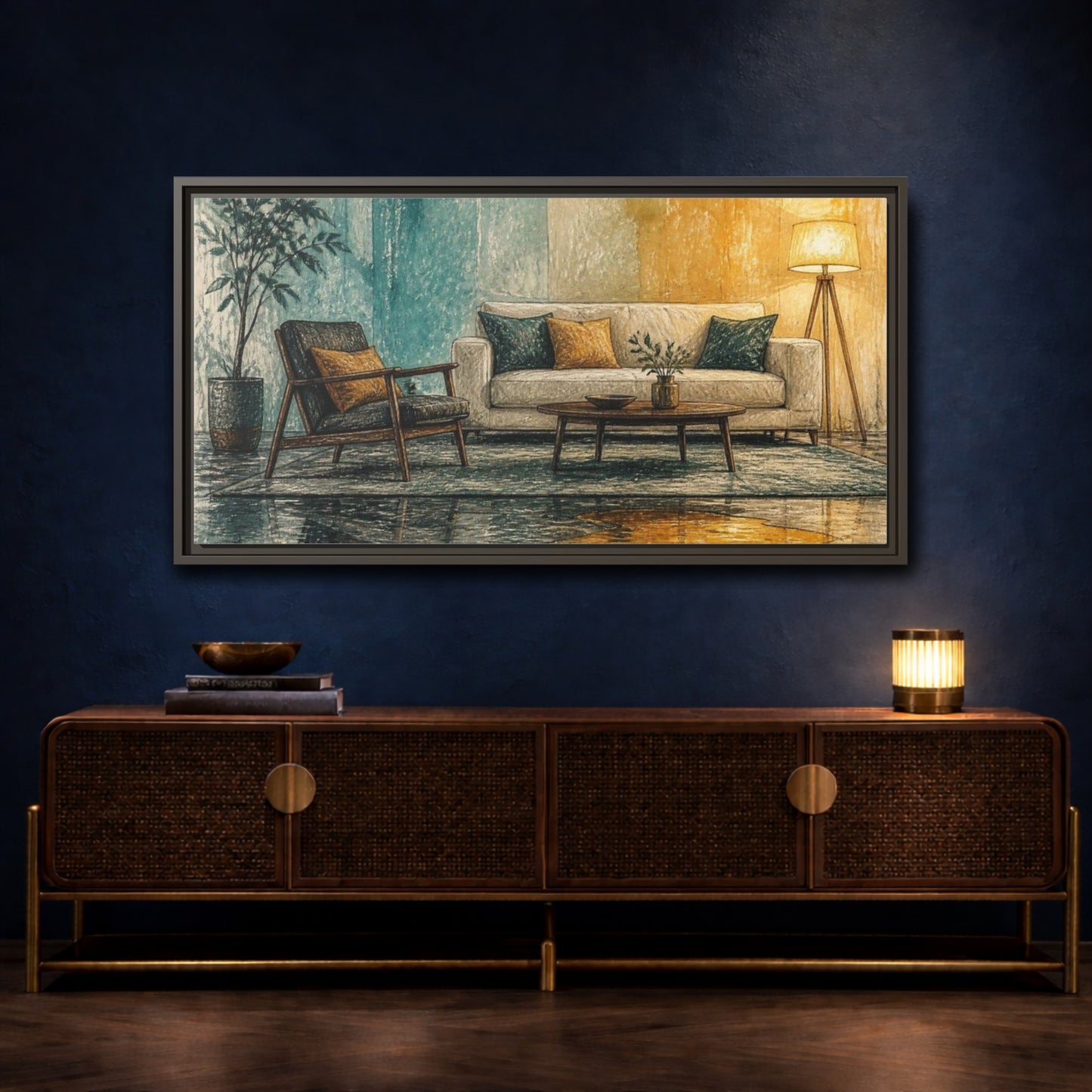 Mockup 4. Living Room Sofa With Amber Puddle shown as framed canvas print