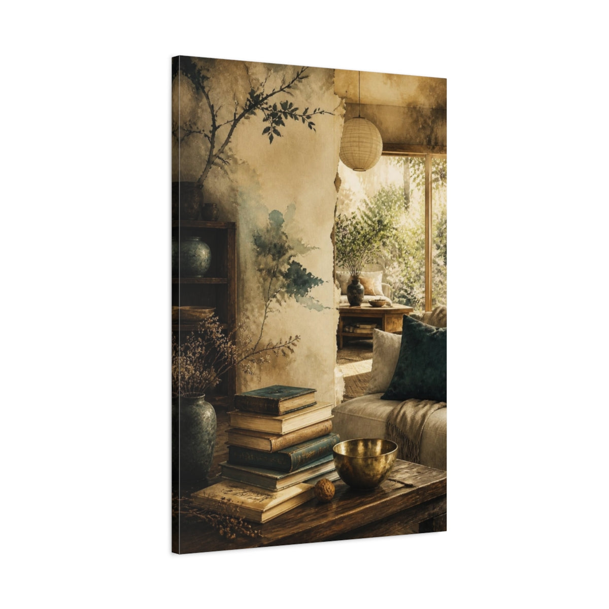 Main Mockup. Living Room Stacked Books shown as canvas print