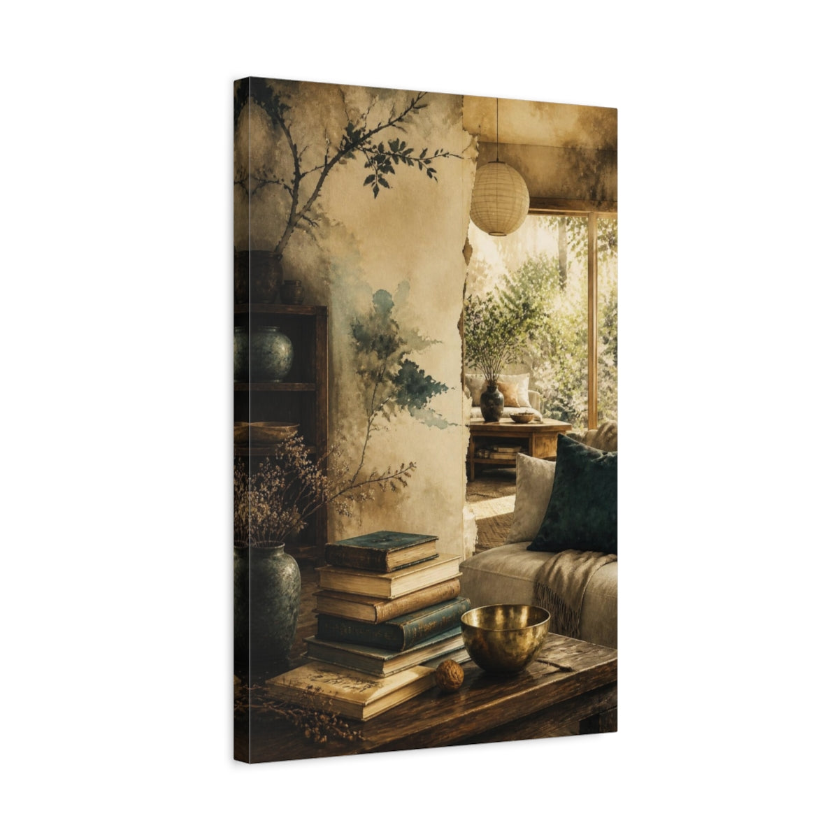 Side Mockup 3. Living Room Stacked Books shown as canvas print