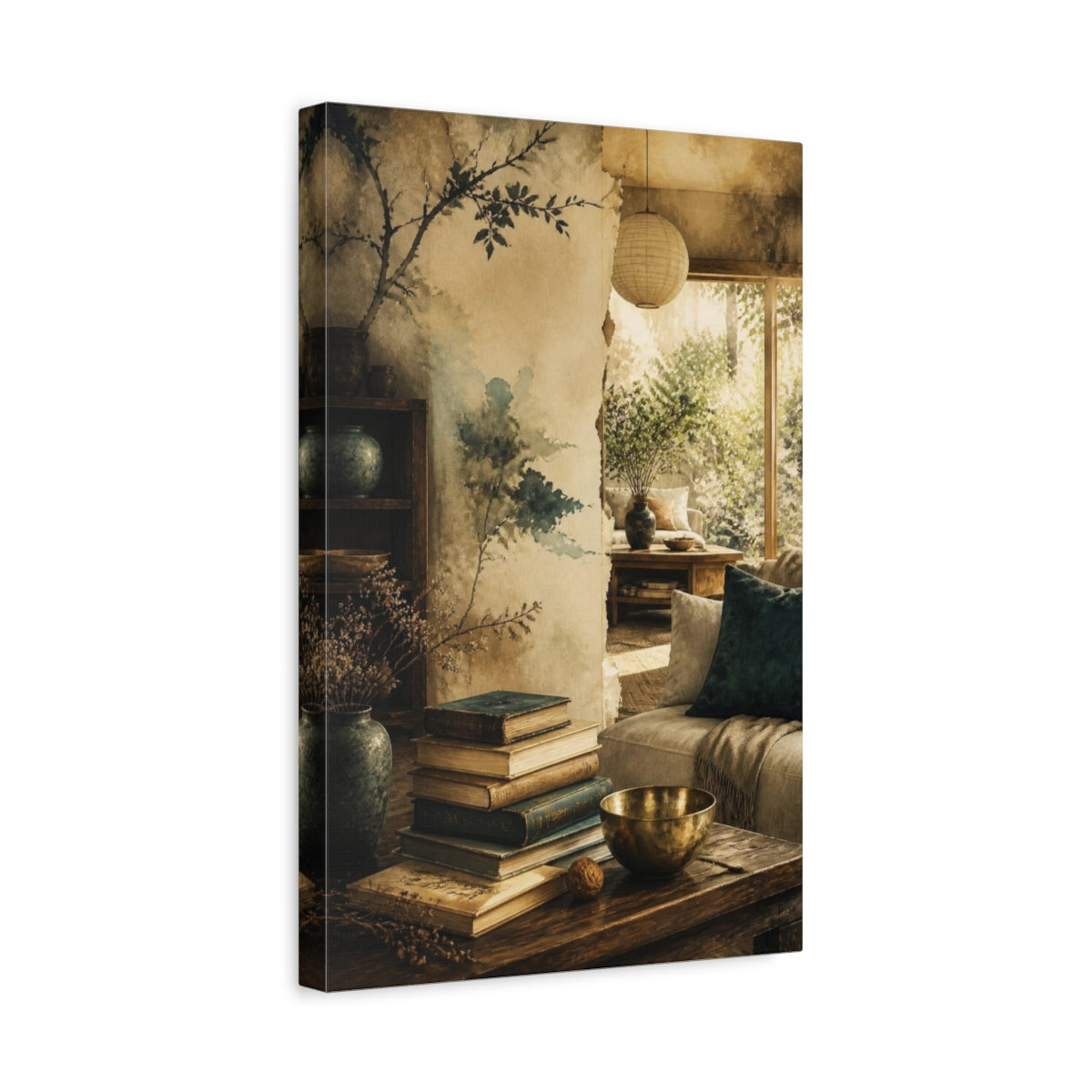 Side Mockup 4. Living Room Stacked Books shown as canvas print
