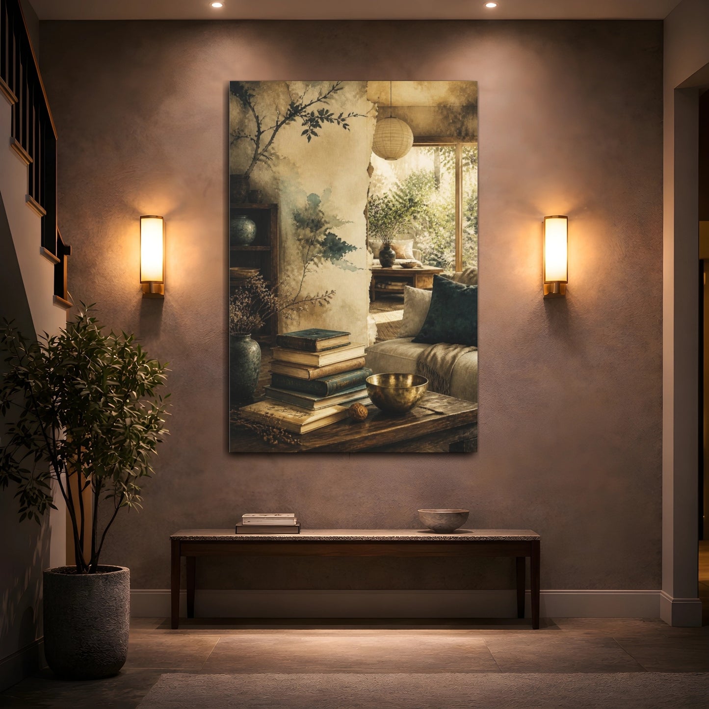 Mockup 2. Living Room Stacked Books shown as canvas print