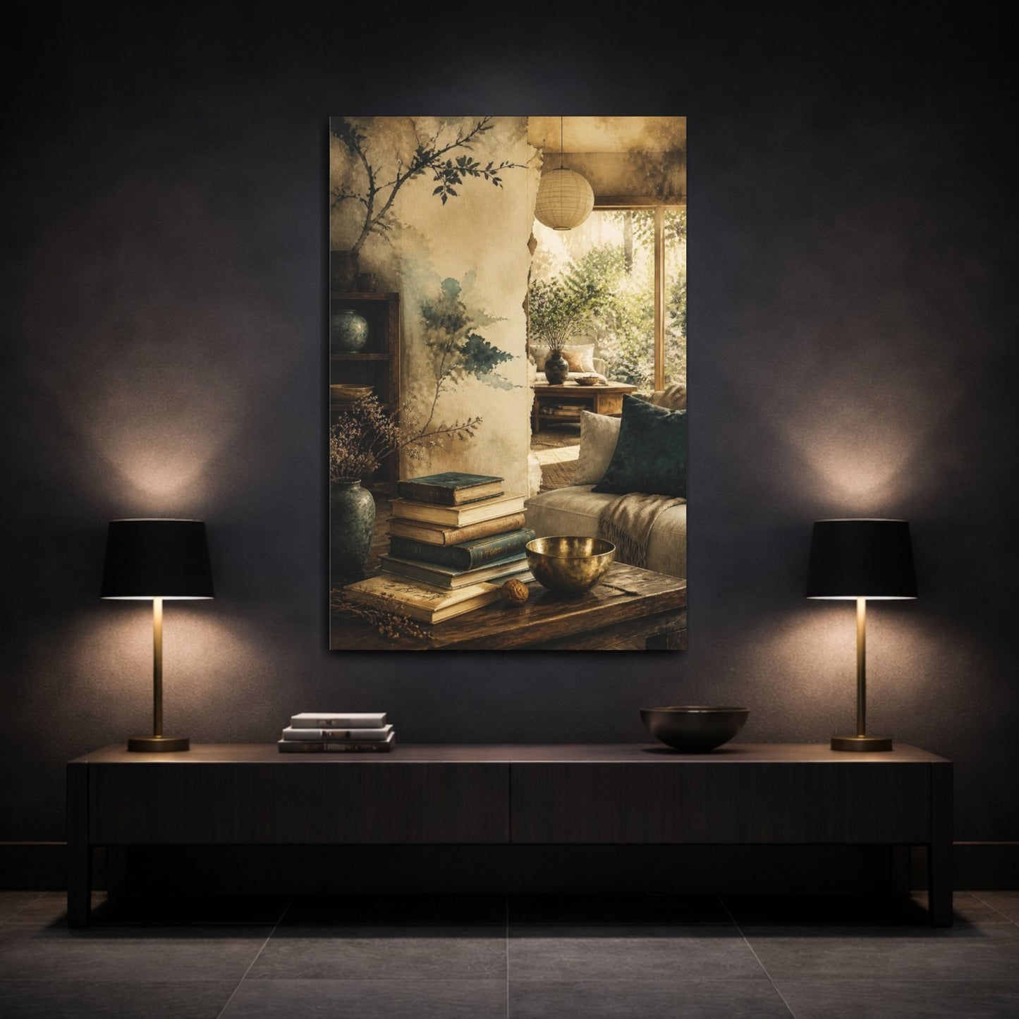 Mockup 3. Living Room Stacked Books shown as canvas print