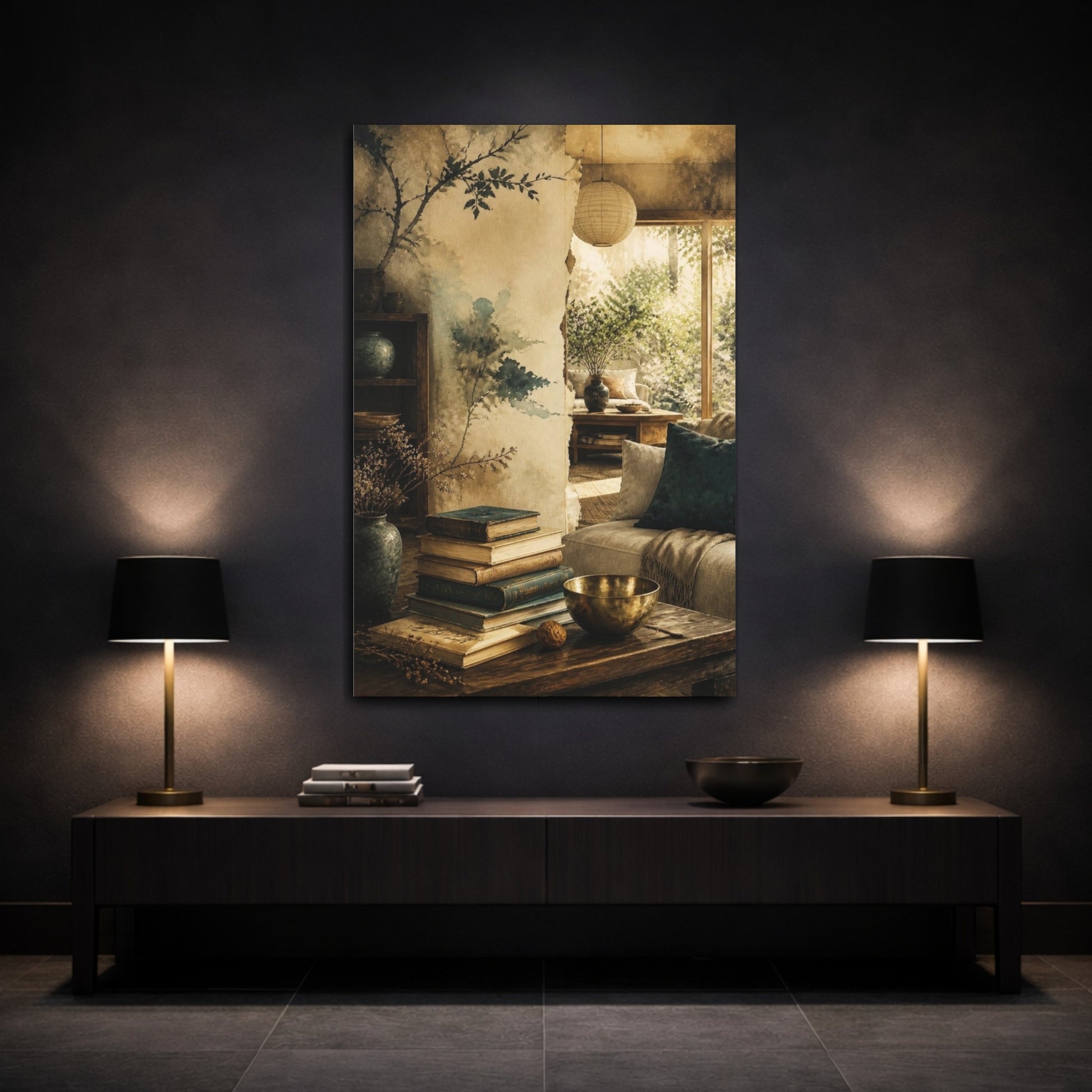 Mockup 3. Living Room Stacked Books shown as canvas print