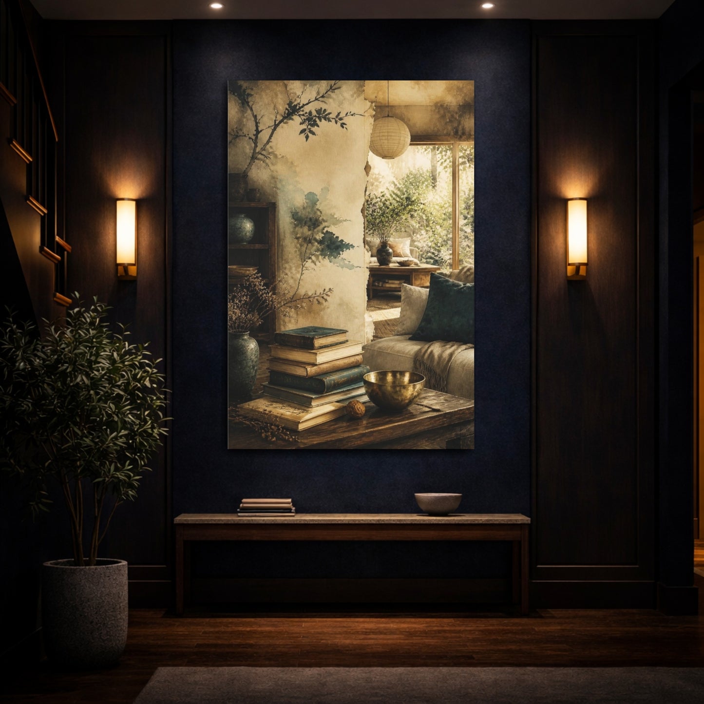 Mockup 4. Living Room Stacked Books shown as canvas print