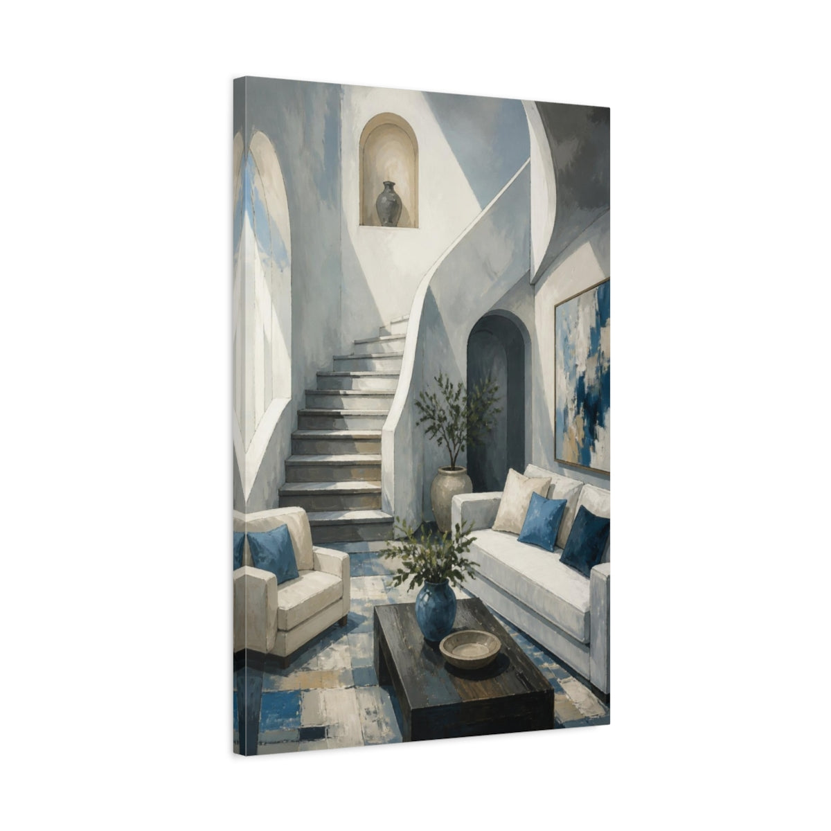 Side Mockup 2. Living Room Staircase shown as canvas print