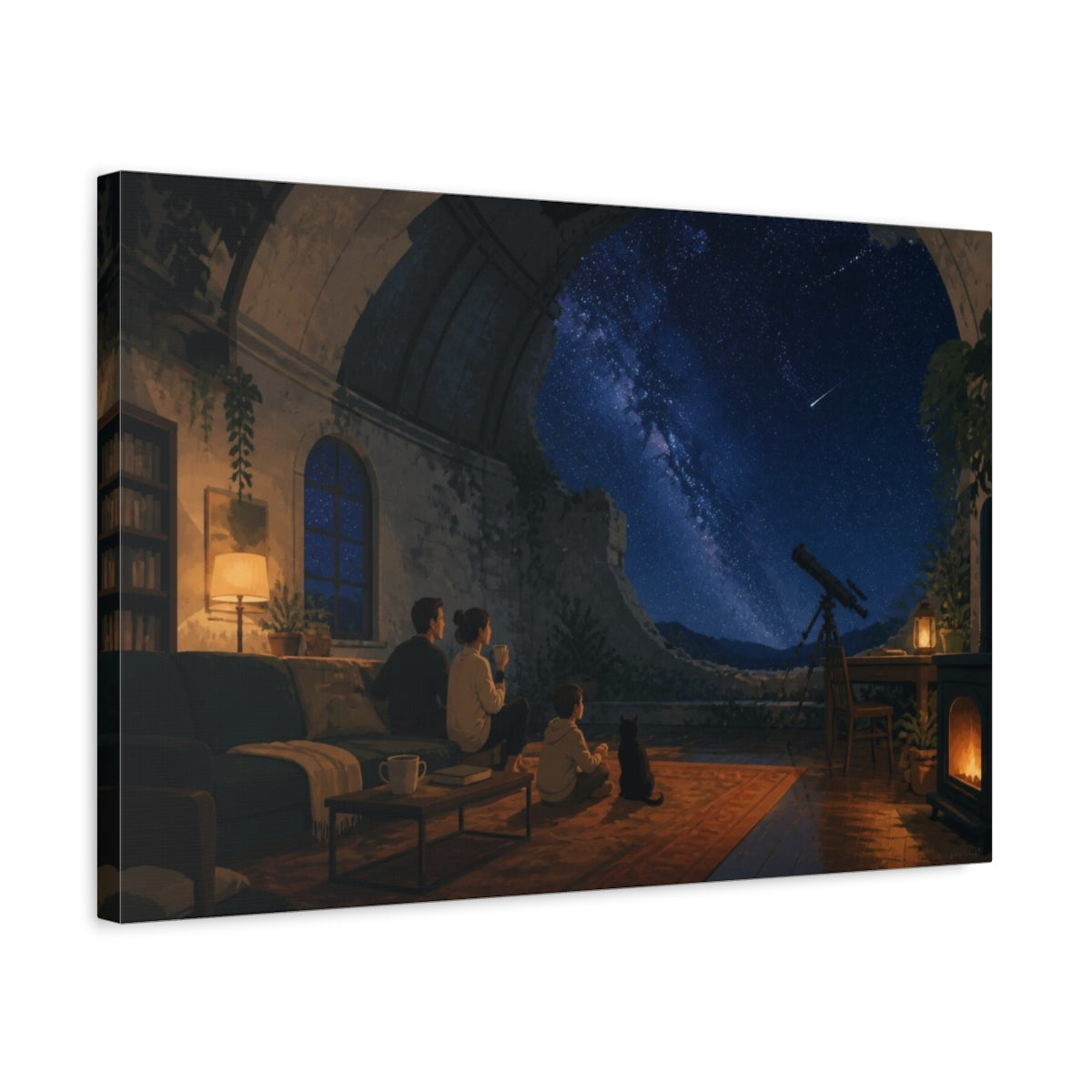 Side Mockup 3. Living Room Starry Observatory shown as canvas print