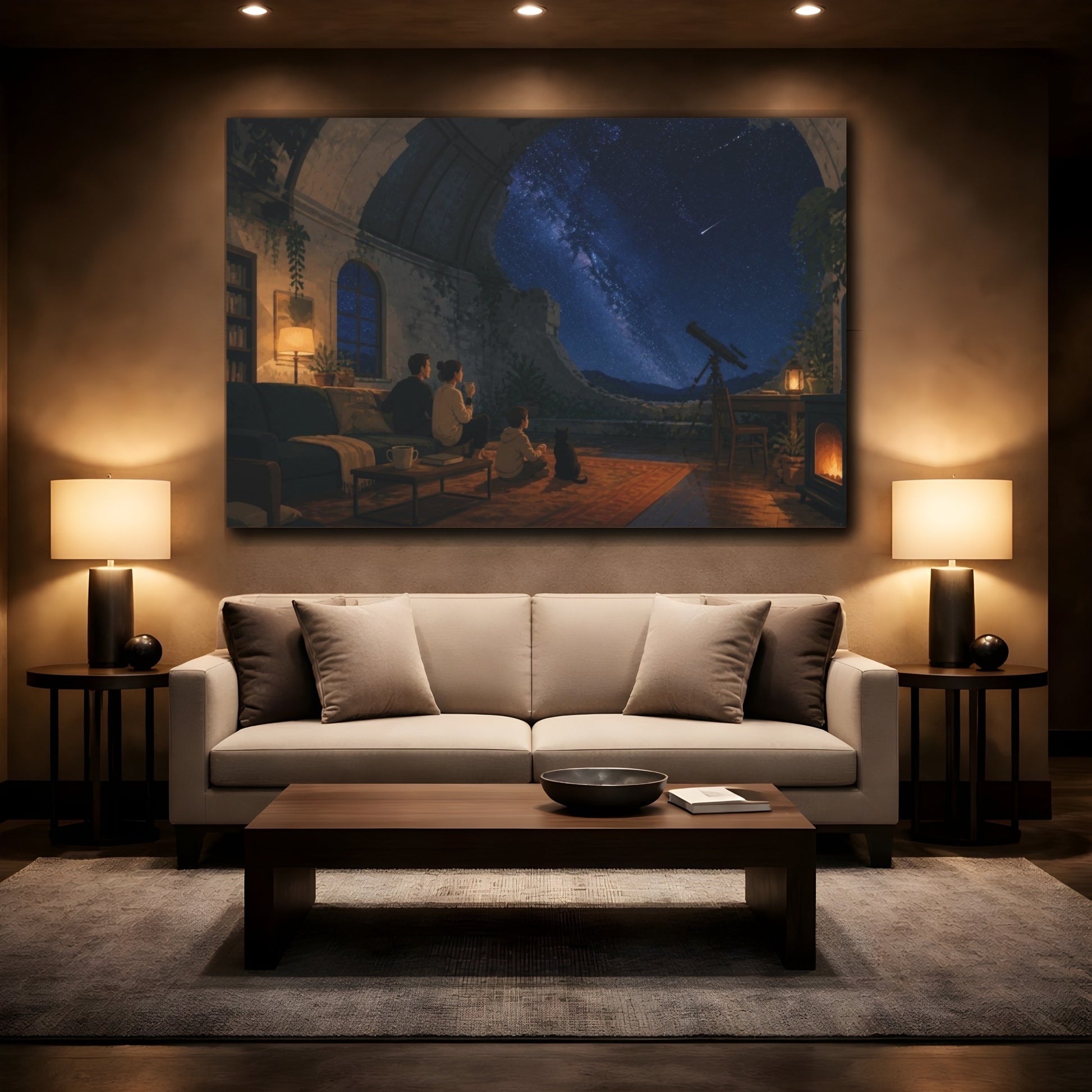 Mockup 2. Living Room Starry Observatory shown as canvas print