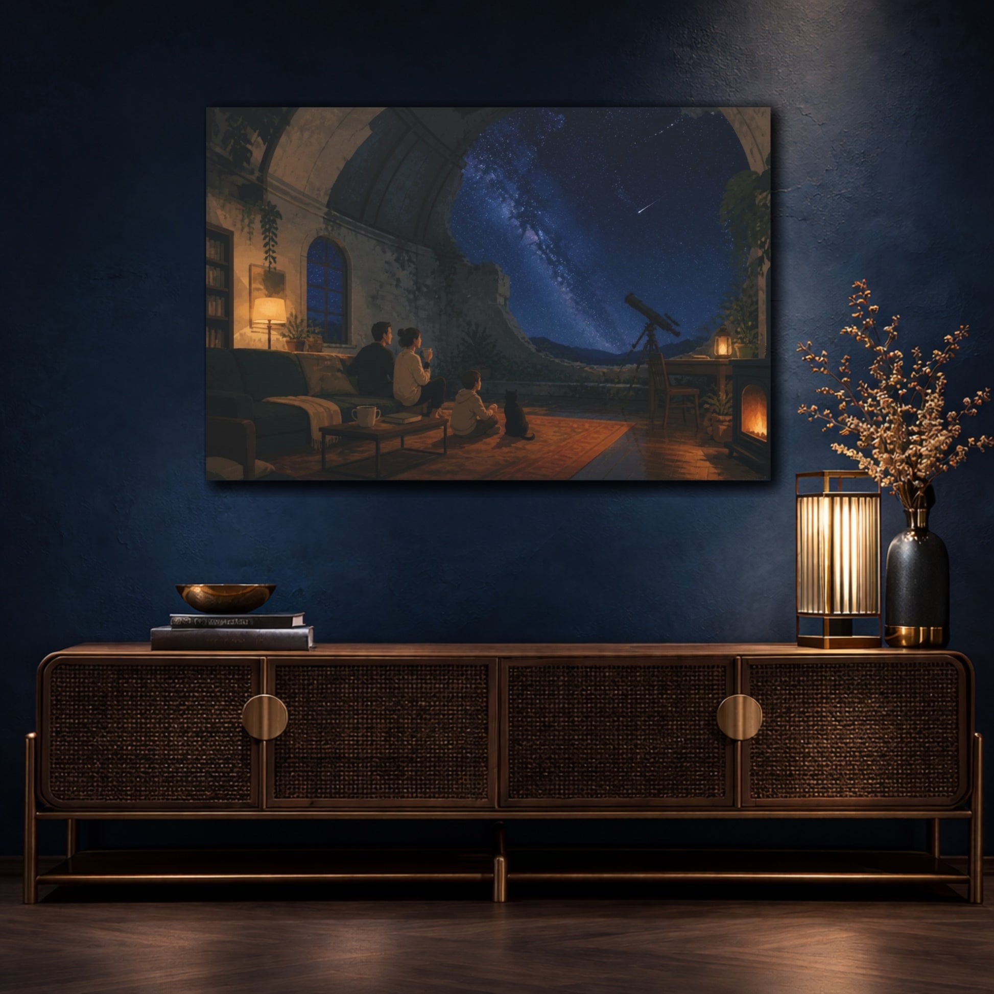 Mockup 4. Living Room Starry Observatory shown as canvas print