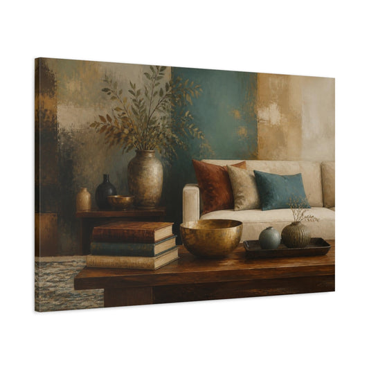 Main Mockup. Living Room Still Life shown as canvas print