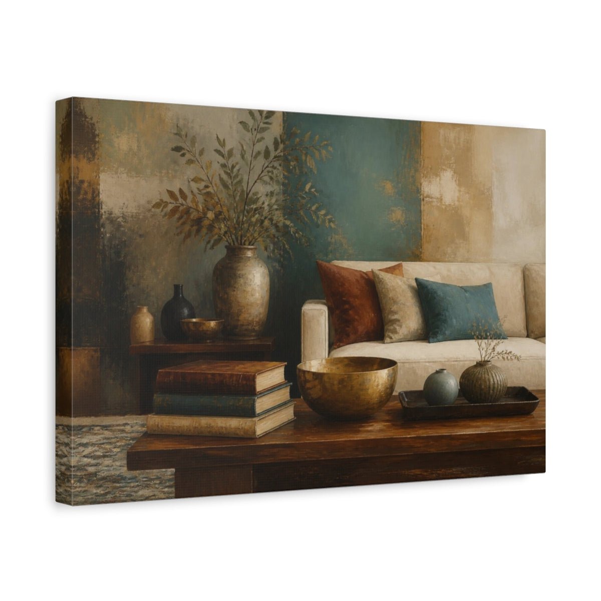 Living Room Still Life Canvas Print – Above Sofa, Teal And Warm Neutrals - YesArtYes
