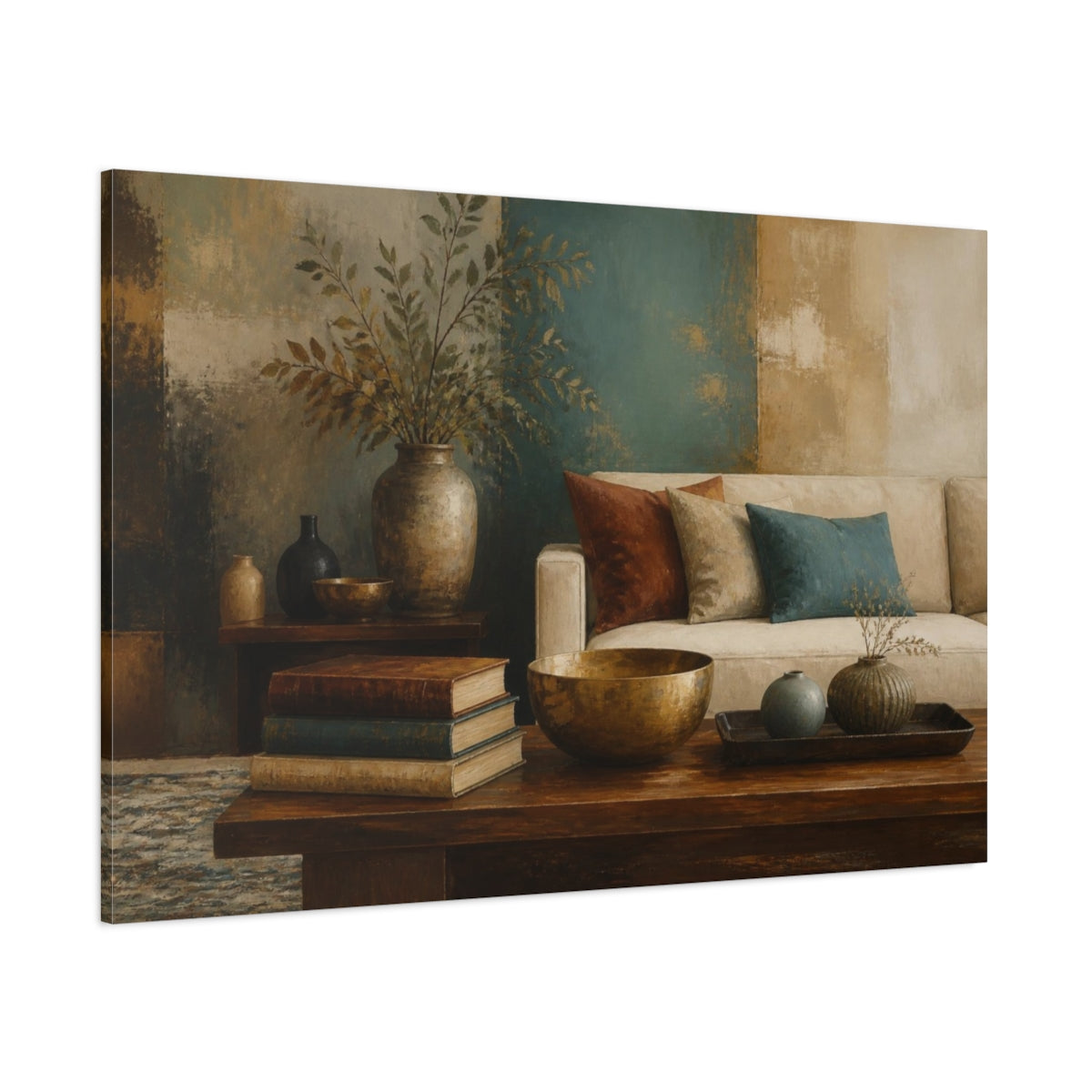 Side Mockup 1. Living Room Still Life shown as canvas print