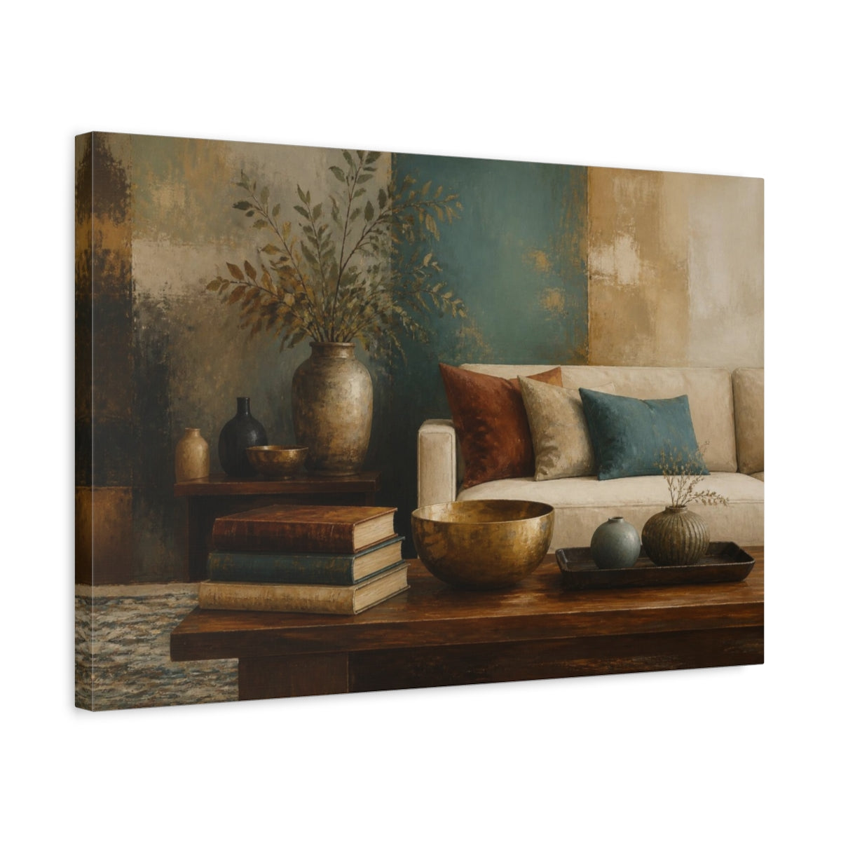 Side Mockup 3. Living Room Still Life shown as canvas print