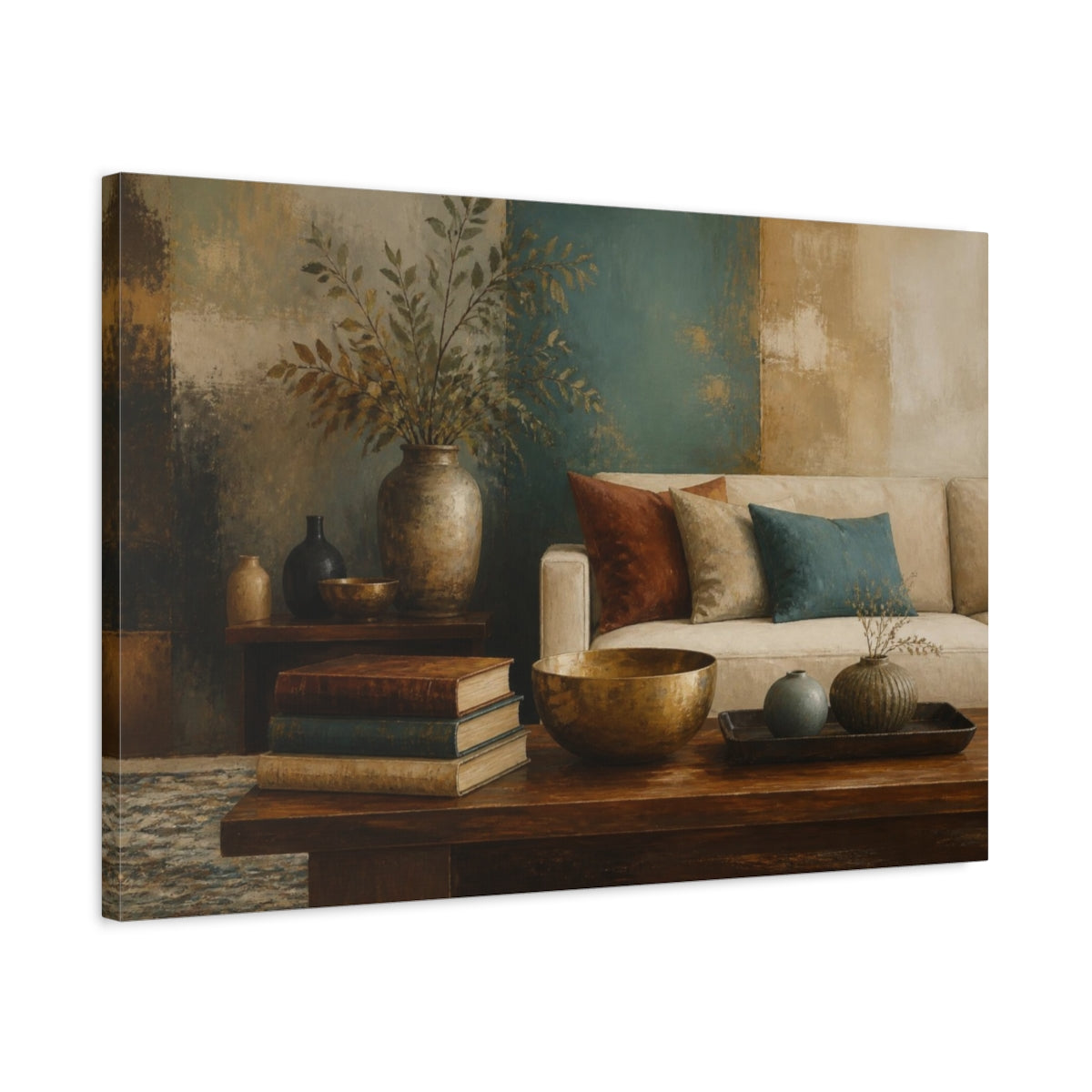 Side Mockup 2. Living Room Still Life shown as canvas print