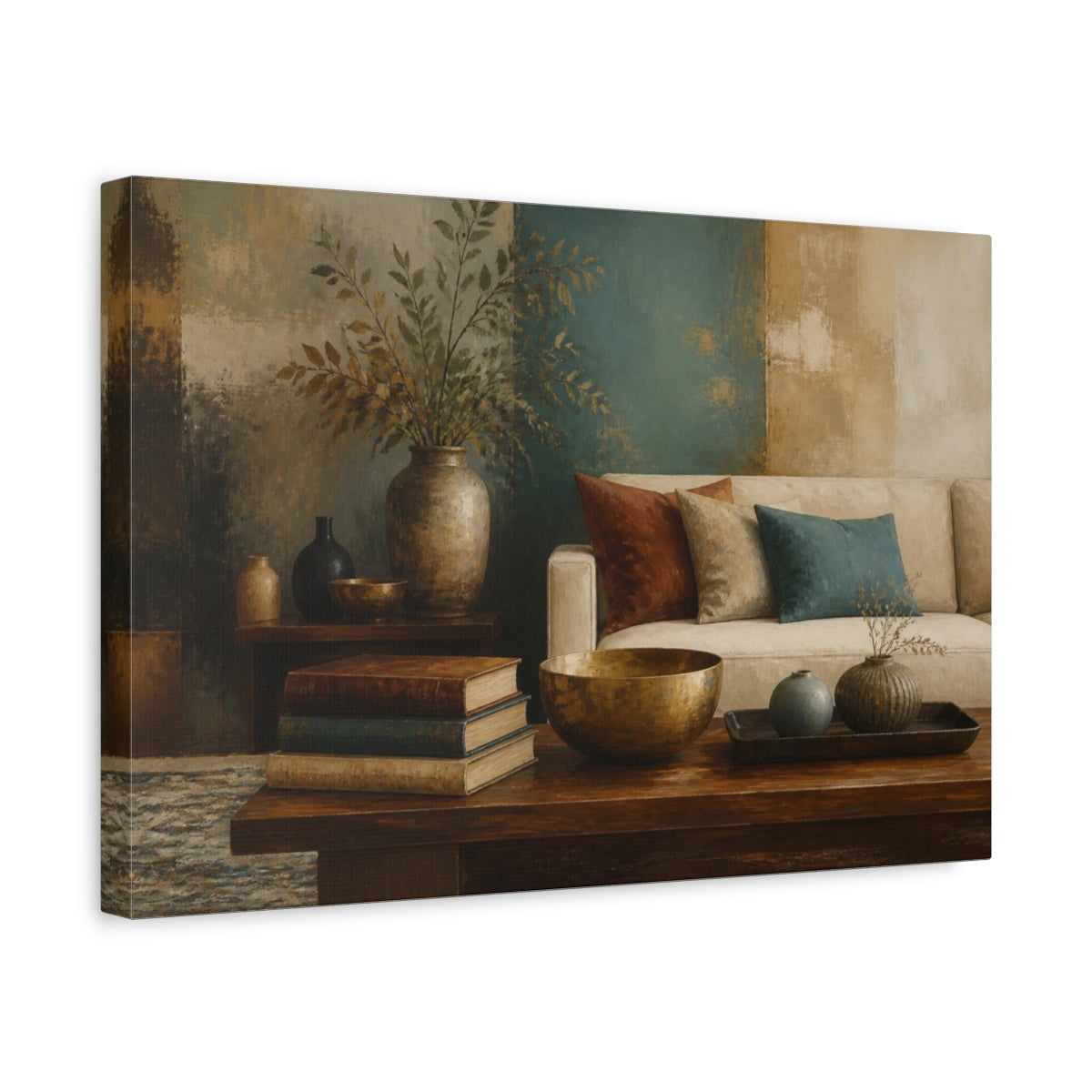 Side Mockup 4. Living Room Still Life shown as canvas print