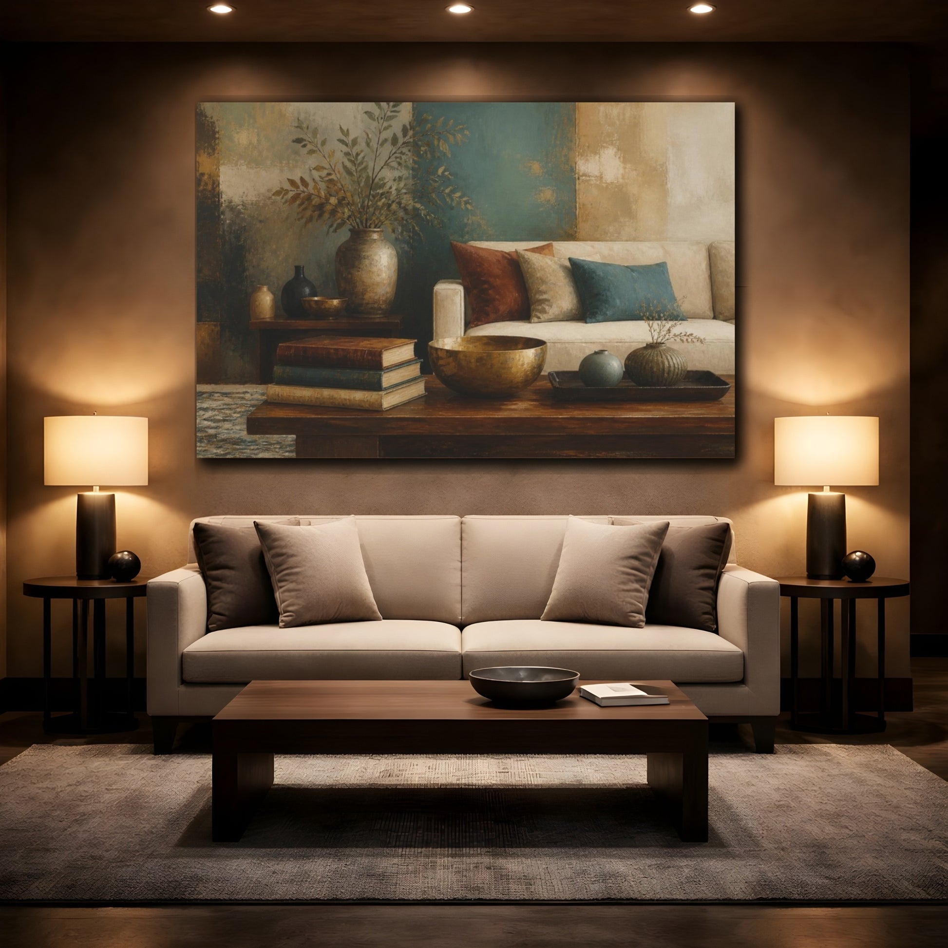 Mockup 2. Living Room Still Life shown as canvas print