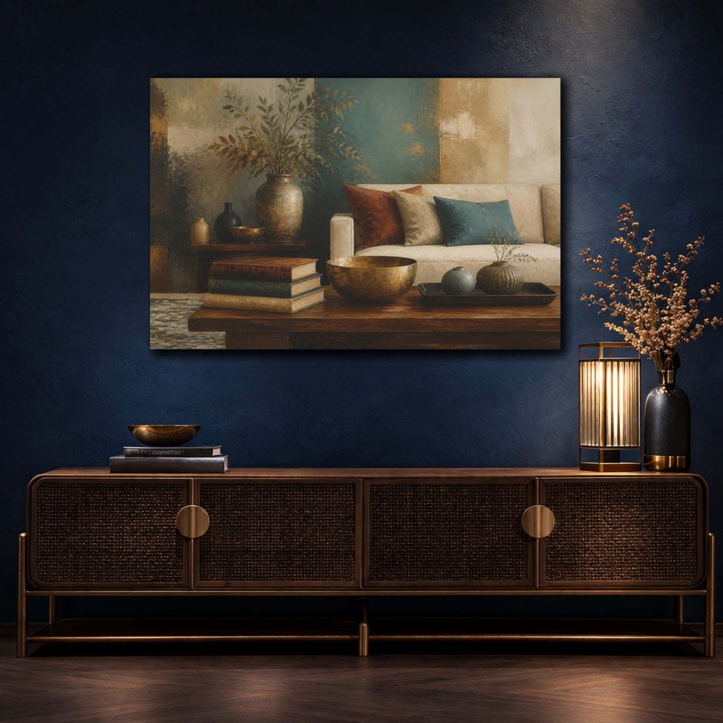 Mockup 4. Living Room Still Life shown as canvas print