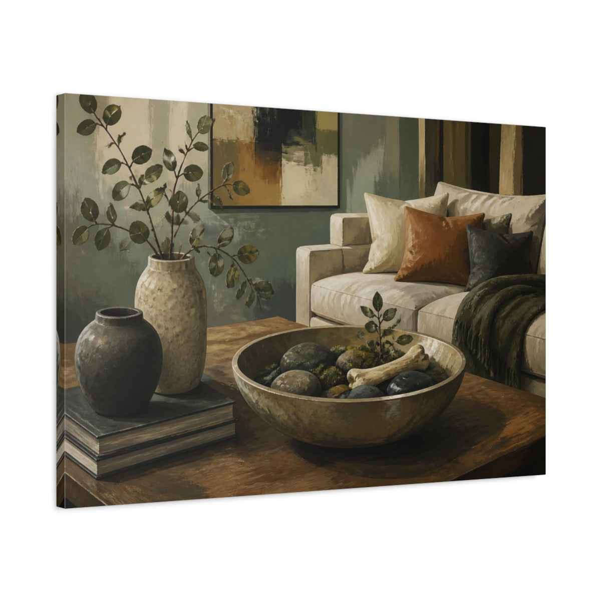 Main Mockup. Living Room Stone Bowl shown as canvas print