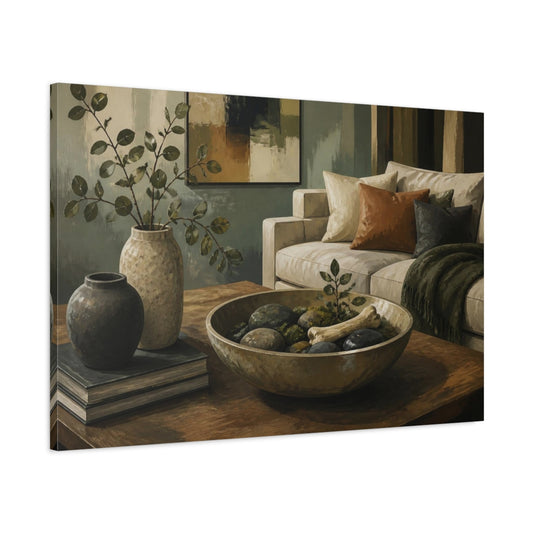 Main Mockup. Living Room Stone Bowl shown as canvas print