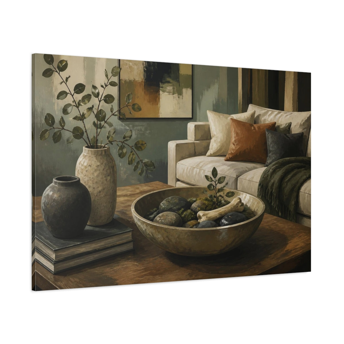 Side Mockup 1. Living Room Stone Bowl shown as canvas print
