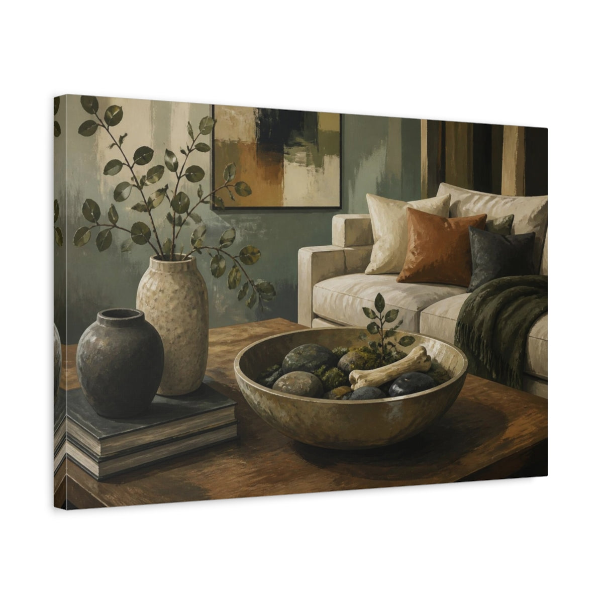 Side Mockup 3. Living Room Stone Bowl shown as canvas print