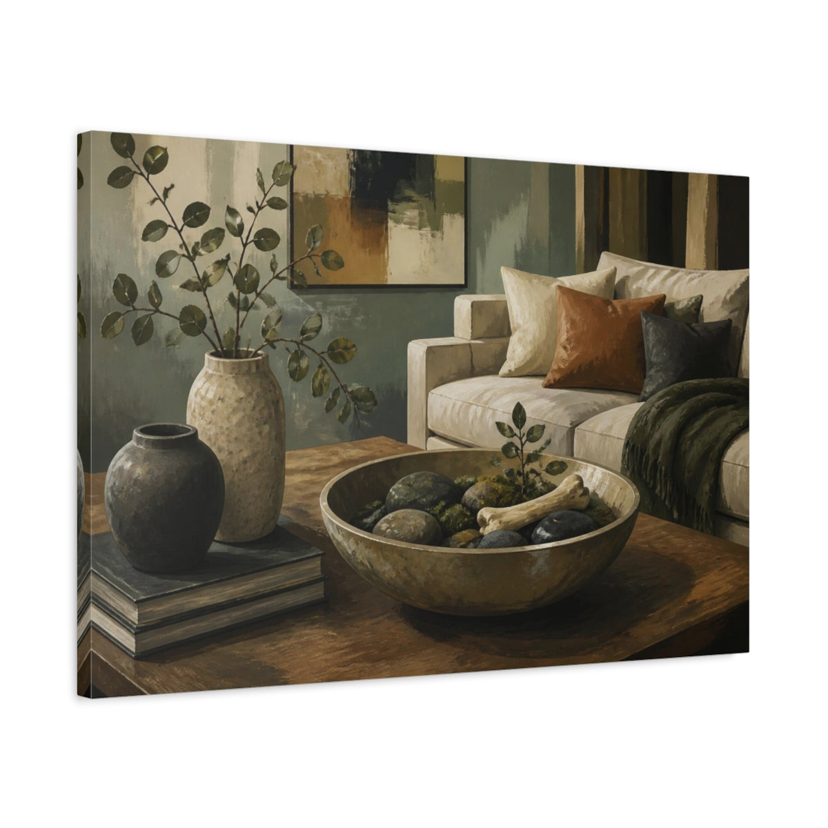 Side Mockup 2. Living Room Stone Bowl shown as canvas print