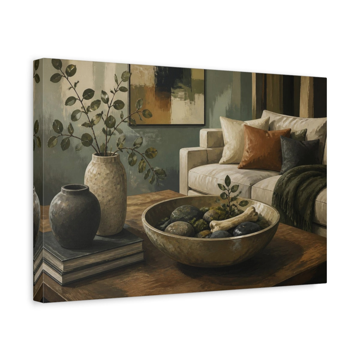 Side Mockup 4. Living Room Stone Bowl shown as canvas print