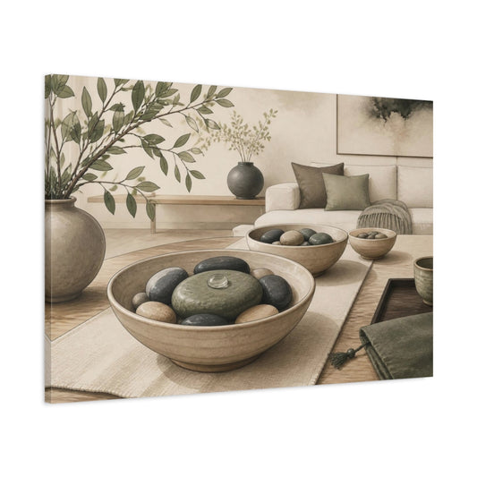 Main Mockup. Living Room Stone Bowl Display shown as canvas print