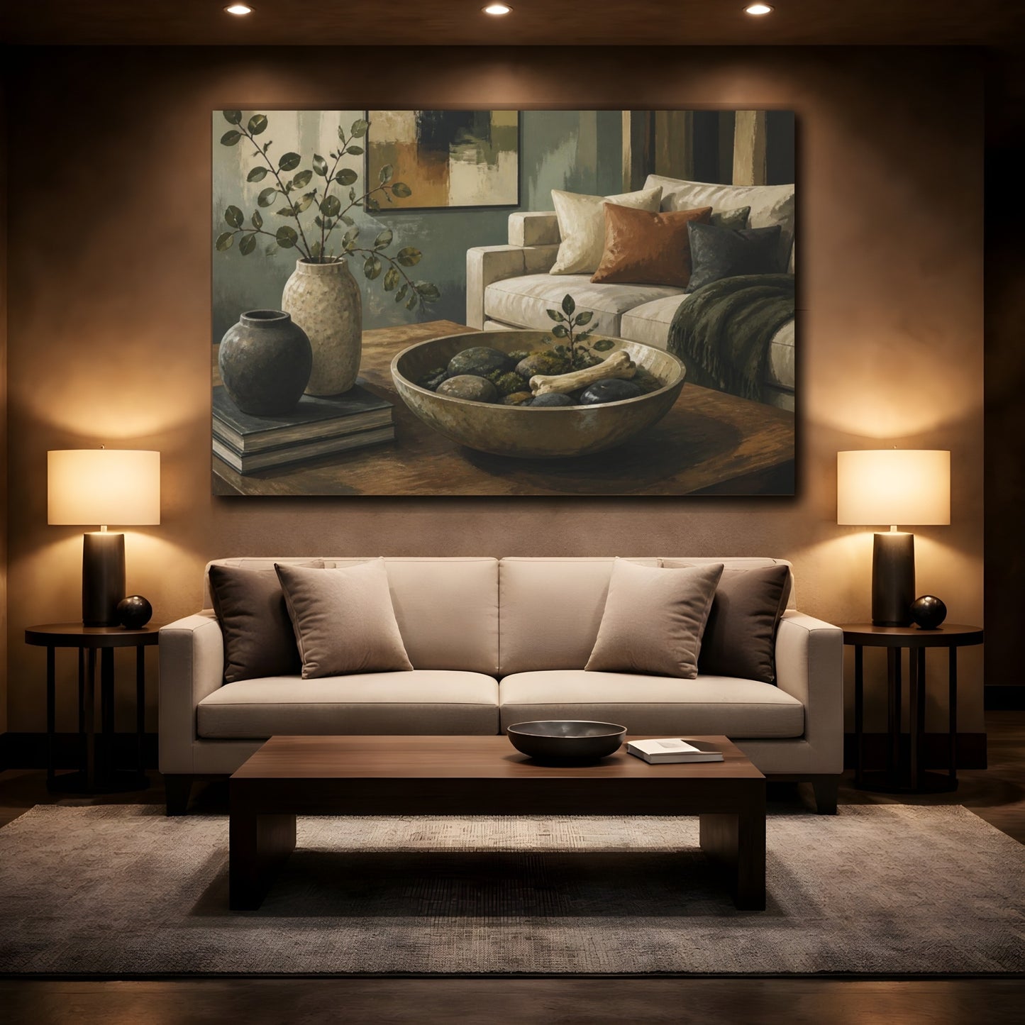 Mockup 2. Living Room Stone Bowl shown as canvas print