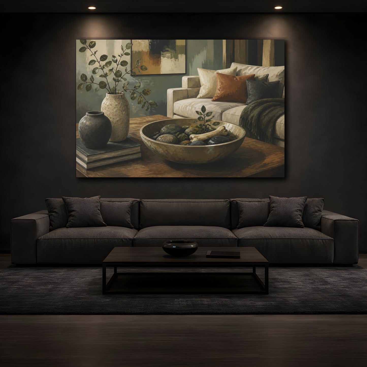 Mockup 3. Living Room Stone Bowl shown as canvas print