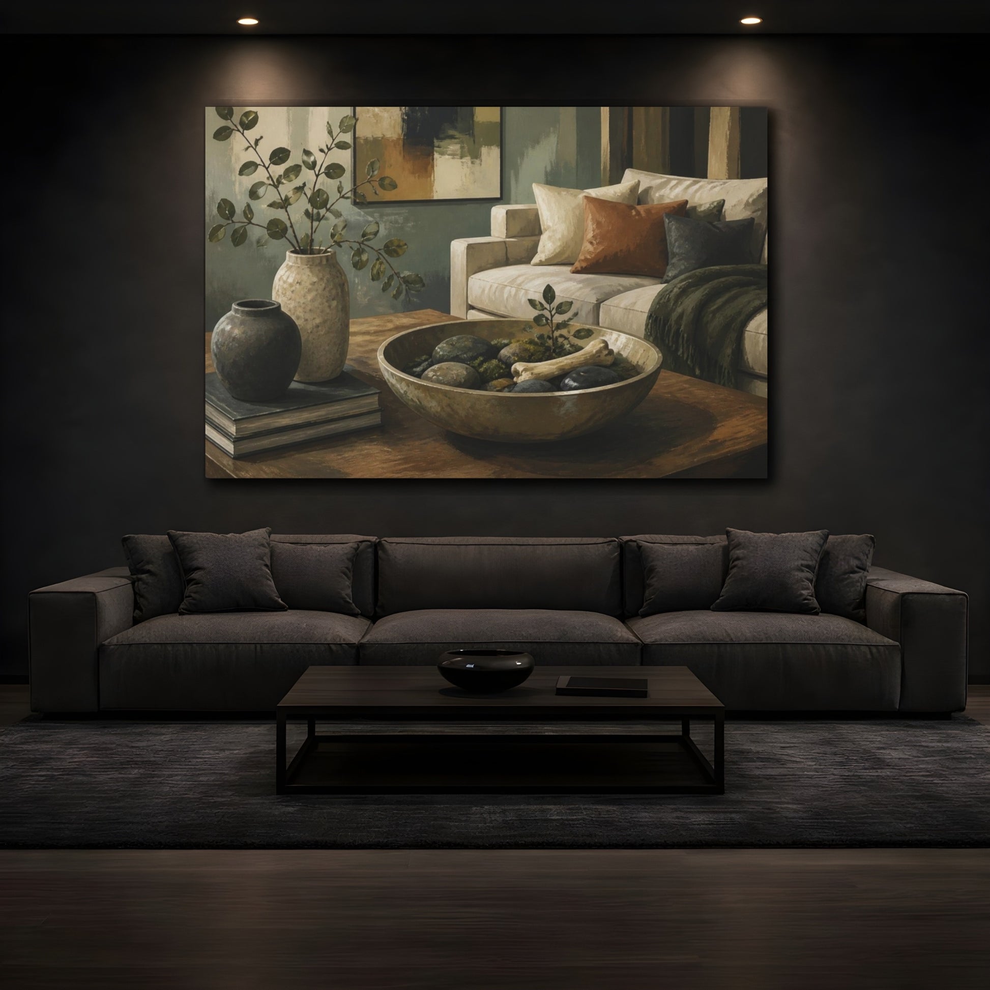Mockup 3. Living Room Stone Bowl shown as canvas print