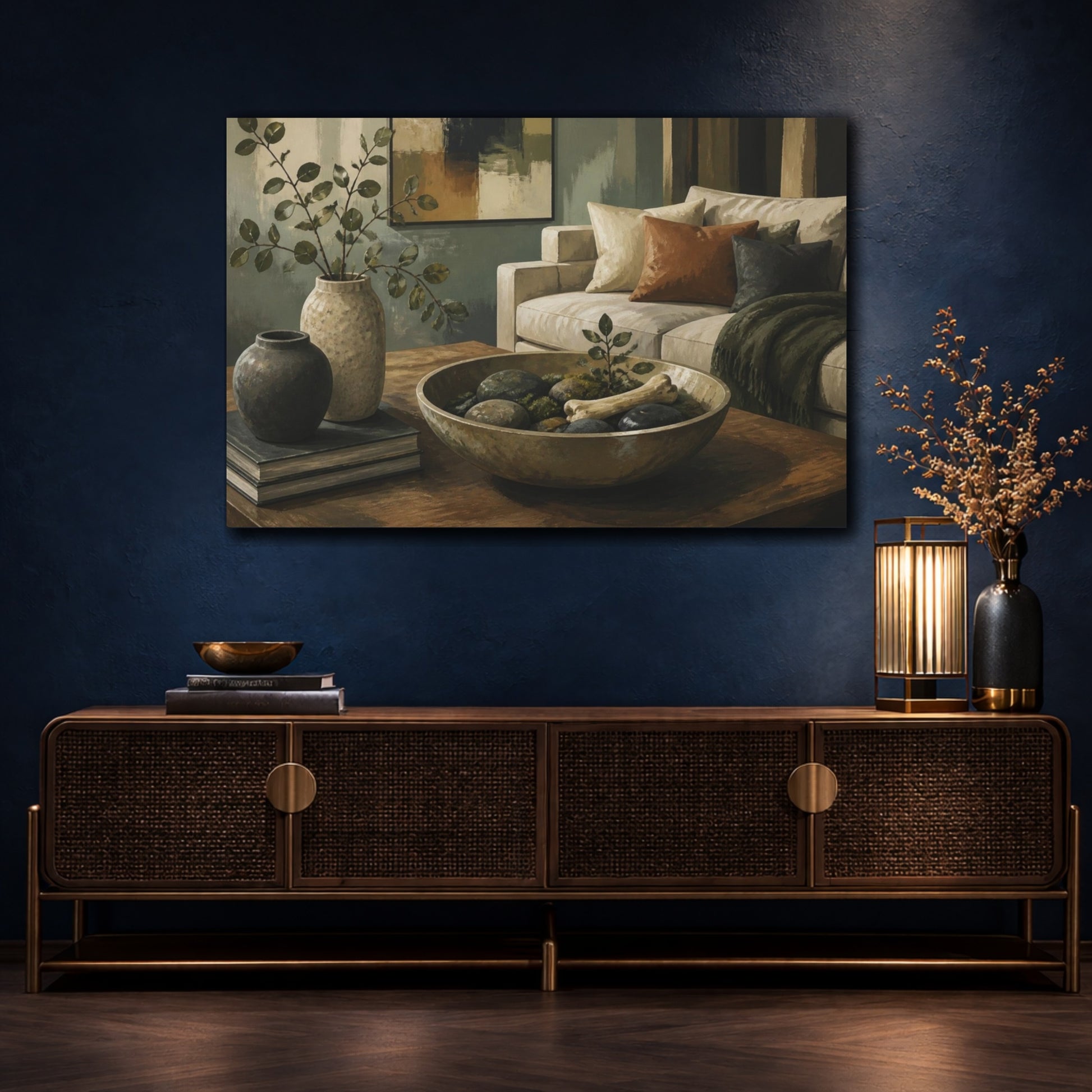Mockup 4. Living Room Stone Bowl shown as canvas print