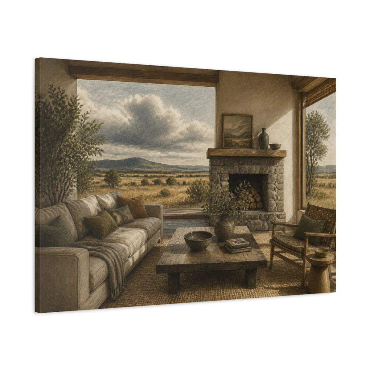Main Mockup. Living Room Stone Fireplace shown as canvas print