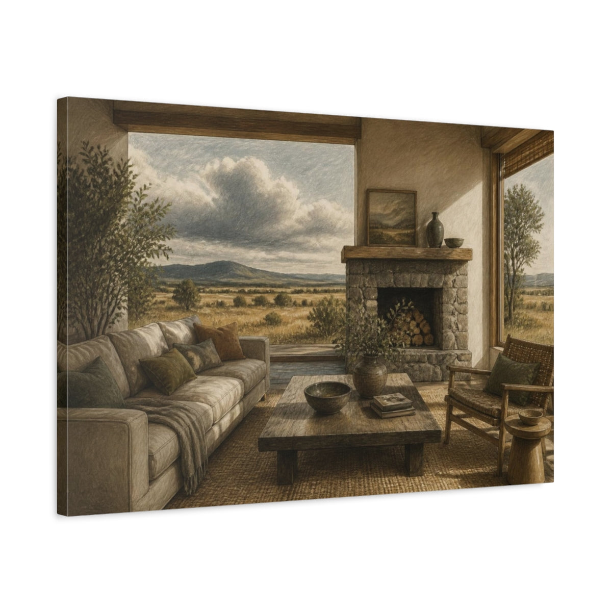 Side Mockup 2. Living Room Stone Fireplace shown as canvas print