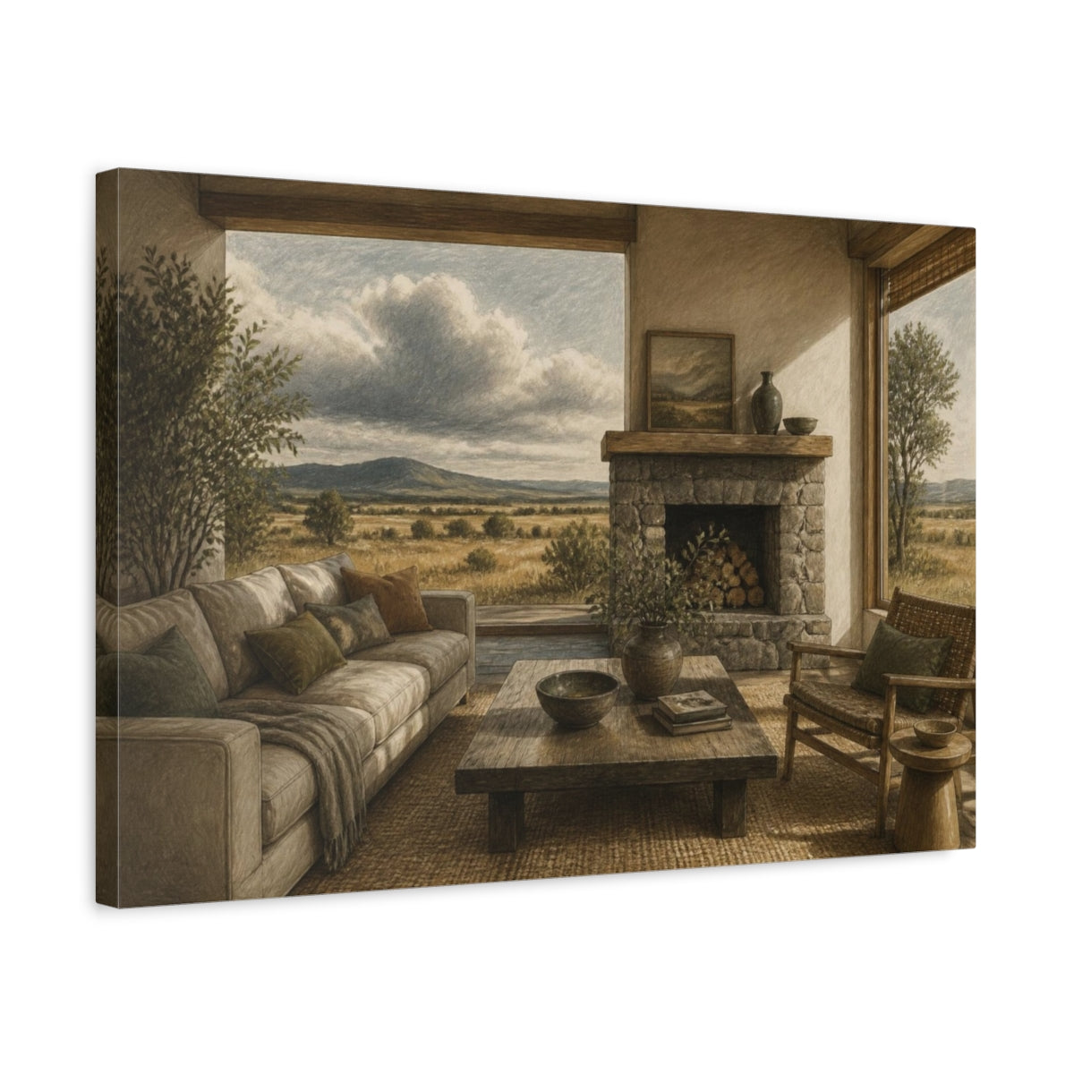 Side Mockup 3. Living Room Stone Fireplace shown as canvas print