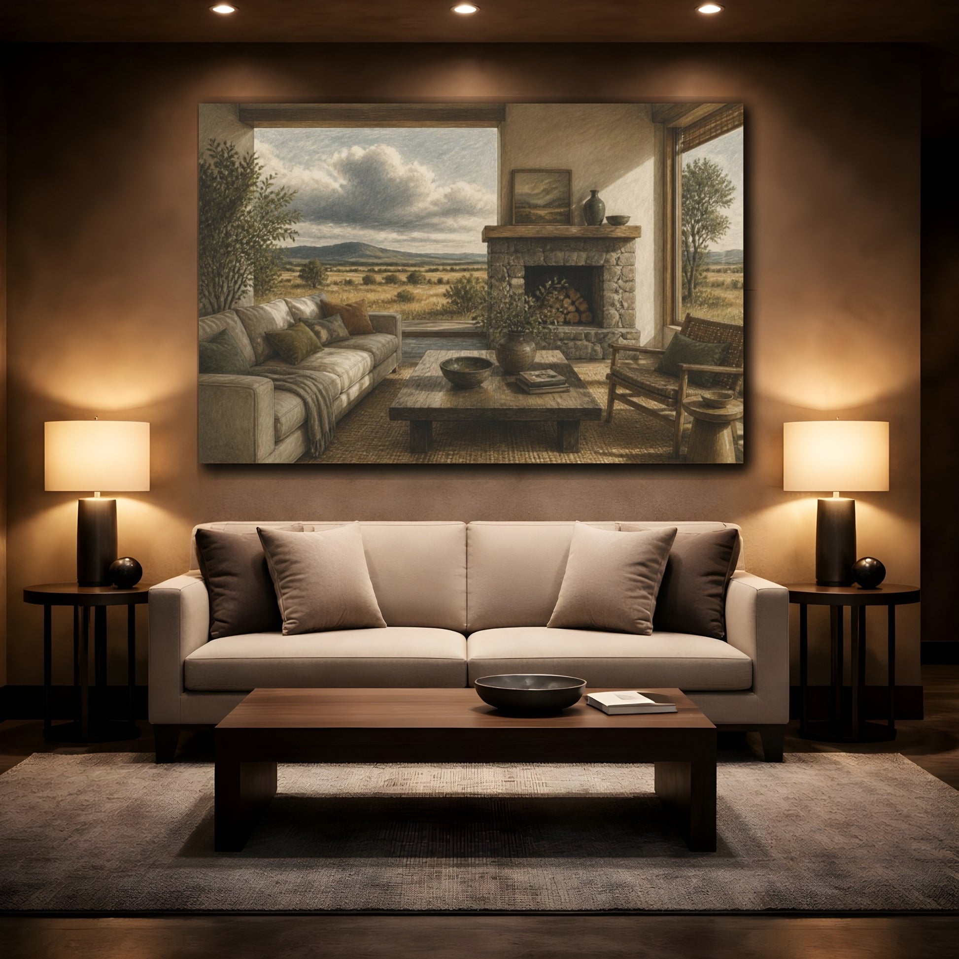 Mockup 2. Living Room Stone Fireplace shown as canvas print