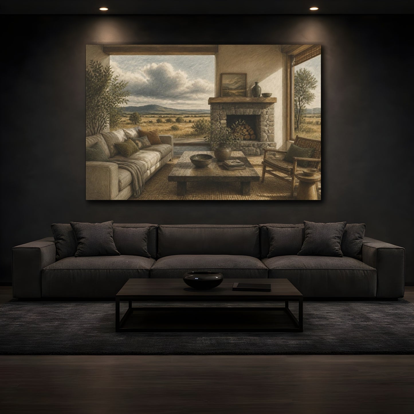 Mockup 3. Living Room Stone Fireplace shown as canvas print