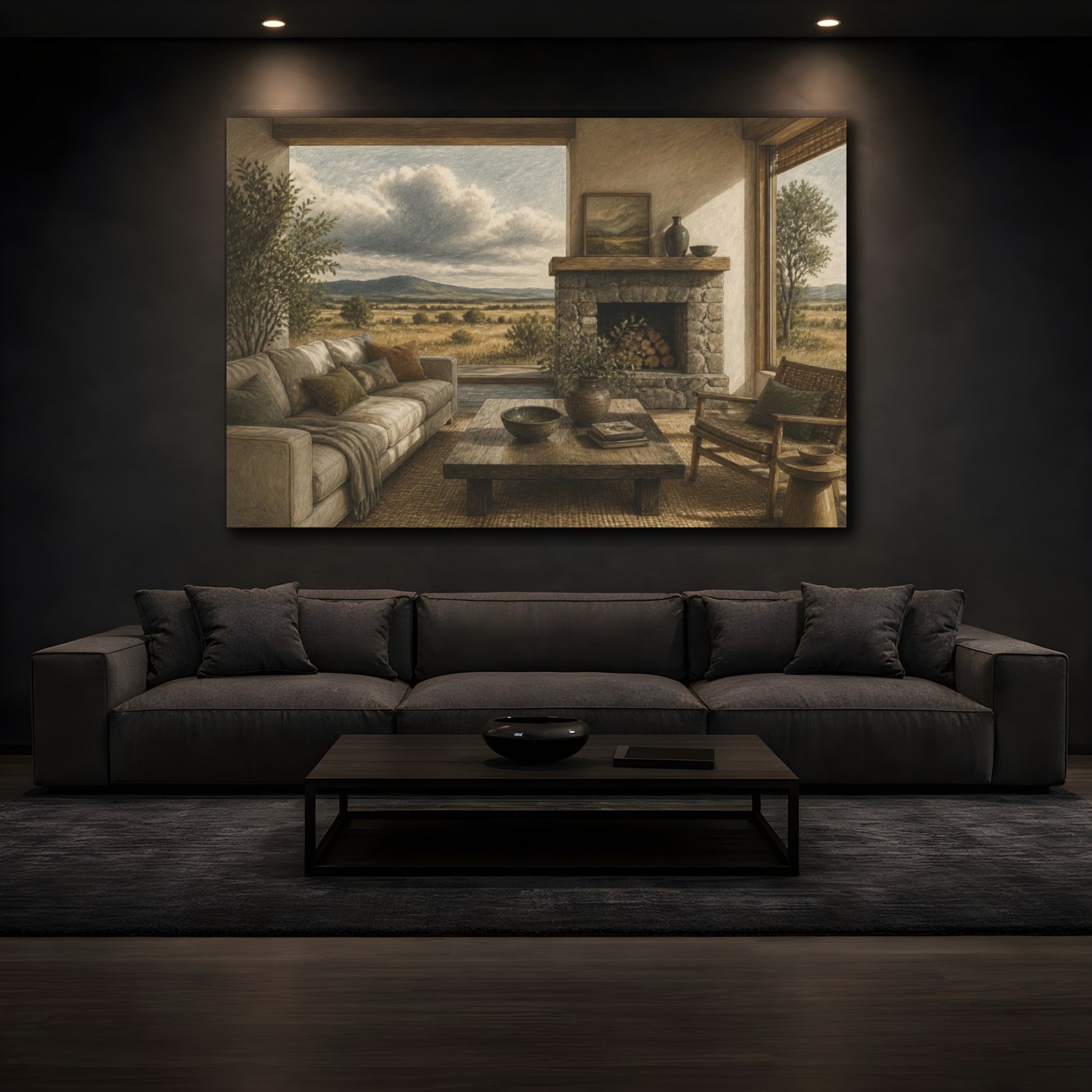 Mockup 3. Living Room Stone Fireplace shown as canvas print