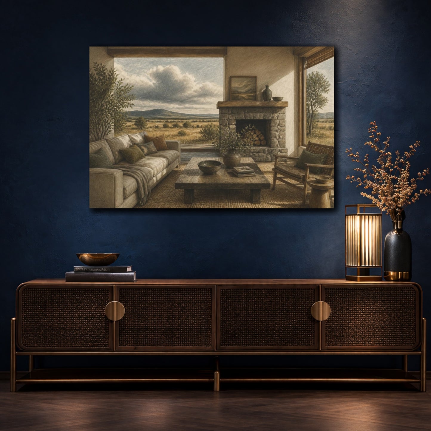 Mockup 4. Living Room Stone Fireplace shown as canvas print