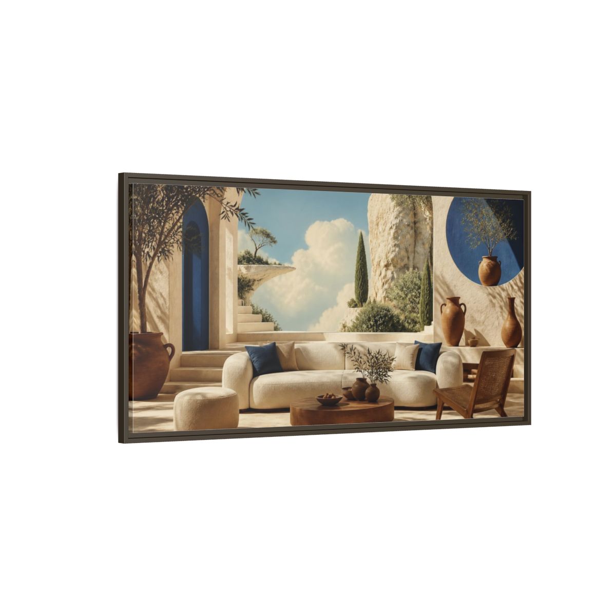 Side Mockup 4. Living Room Sunlit Courtyard shown as framed canvas print
