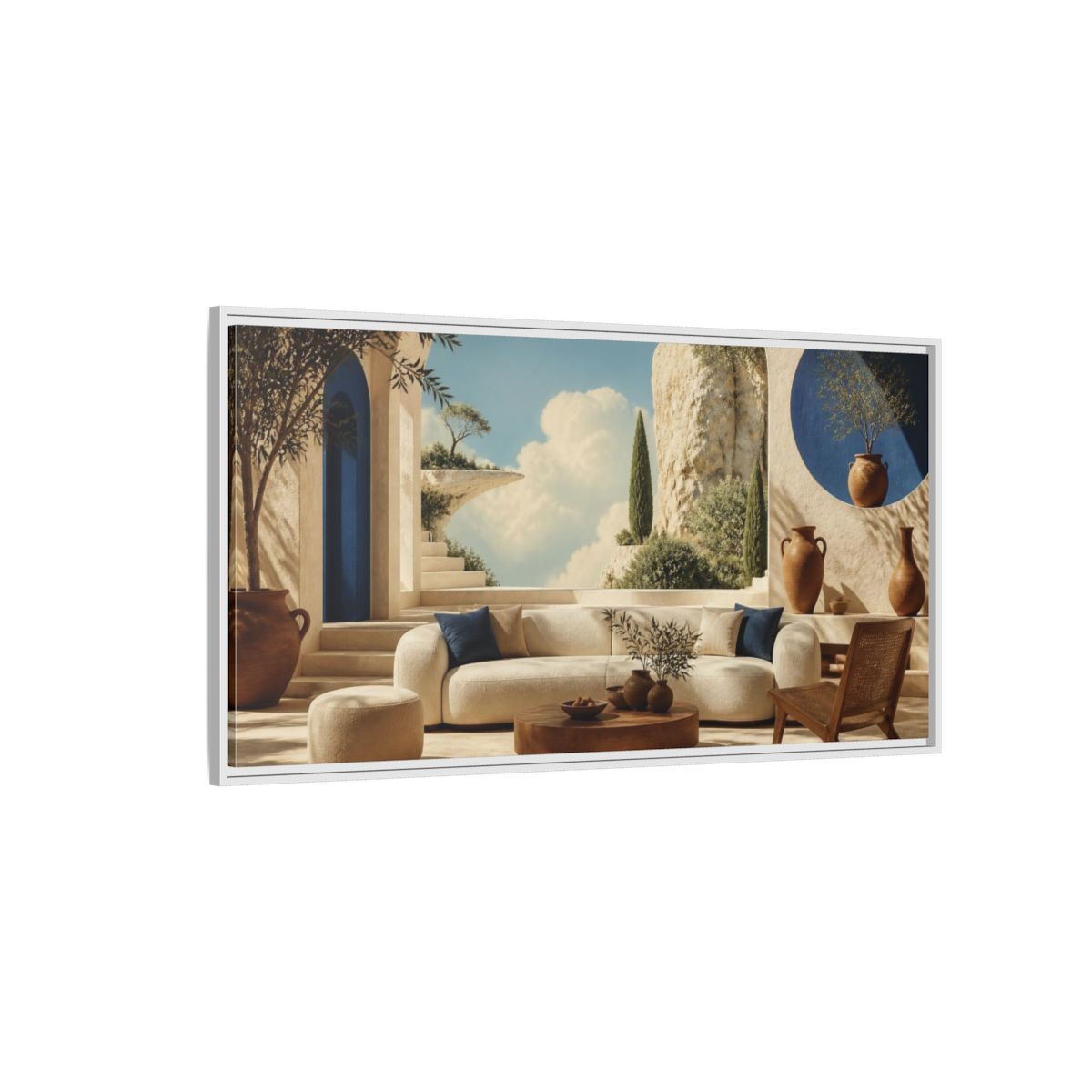 Side Mockup 3. Living Room Sunlit Courtyard shown as framed canvas print