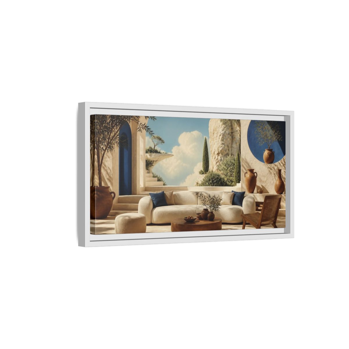 Side Mockup 6. Living Room Sunlit Courtyard shown as framed canvas print