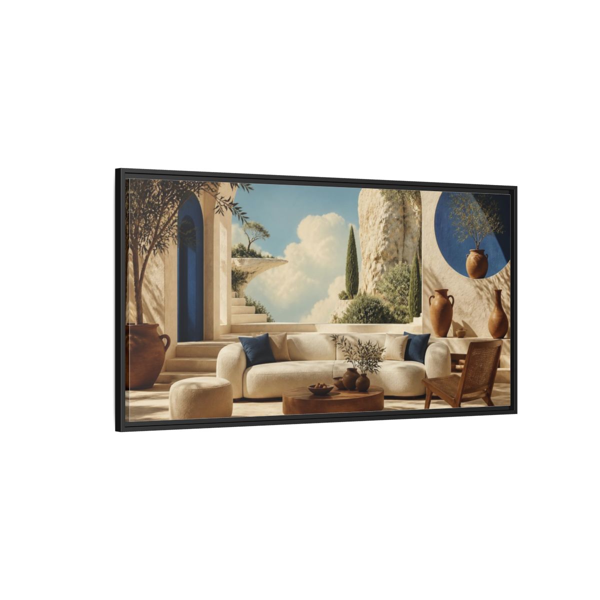 Side Mockup 5. Living Room Sunlit Courtyard shown as framed canvas print