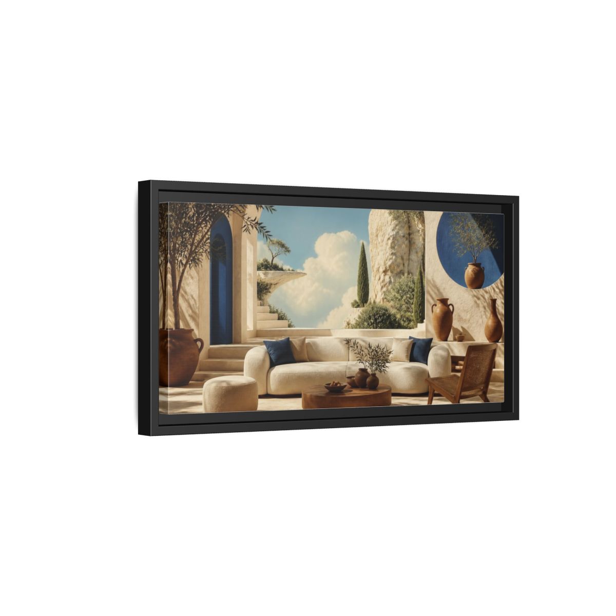 Side Mockup 8. Living Room Sunlit Courtyard shown as framed canvas print