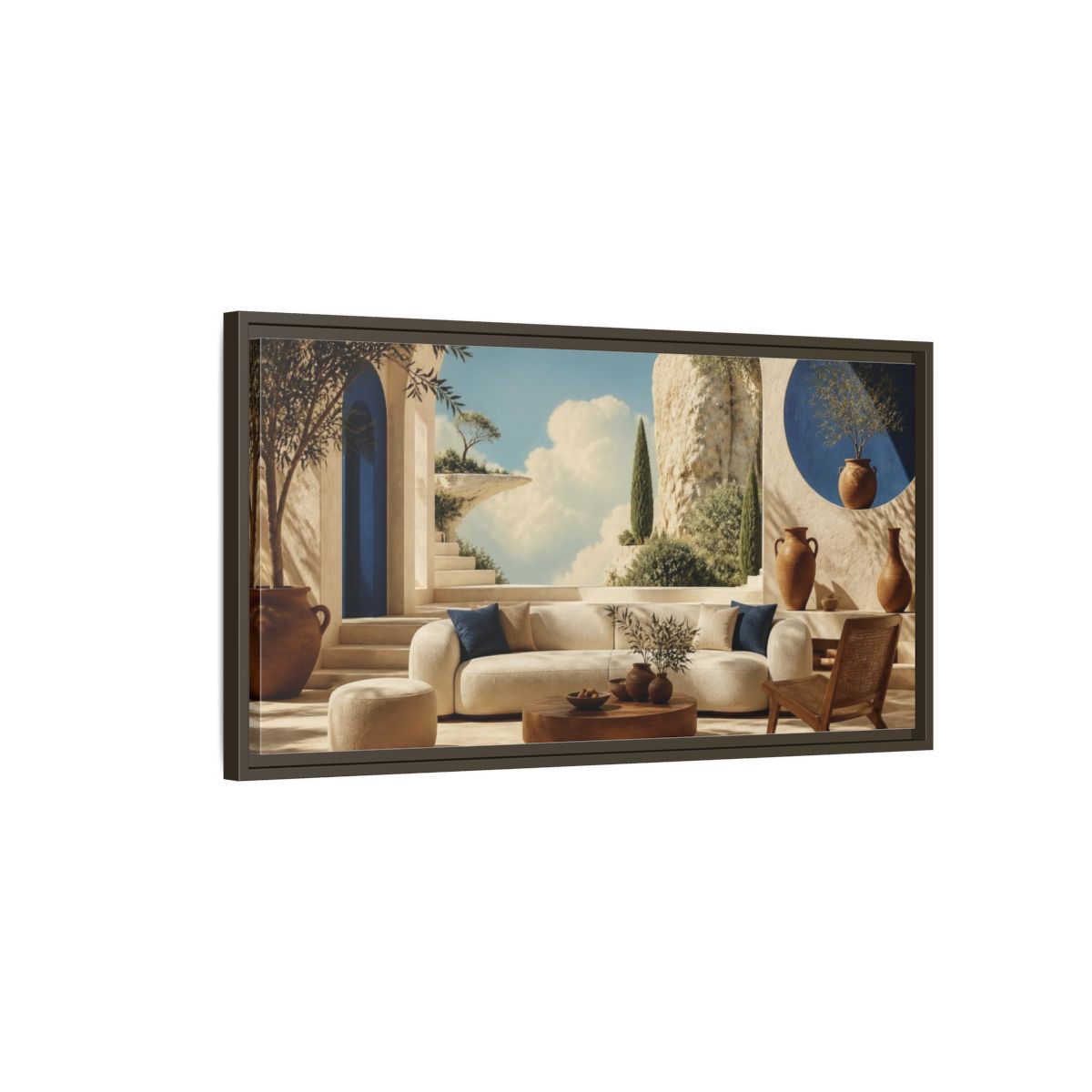 Main Mockup. Living Room Sunlit Courtyard shown as framed canvas print