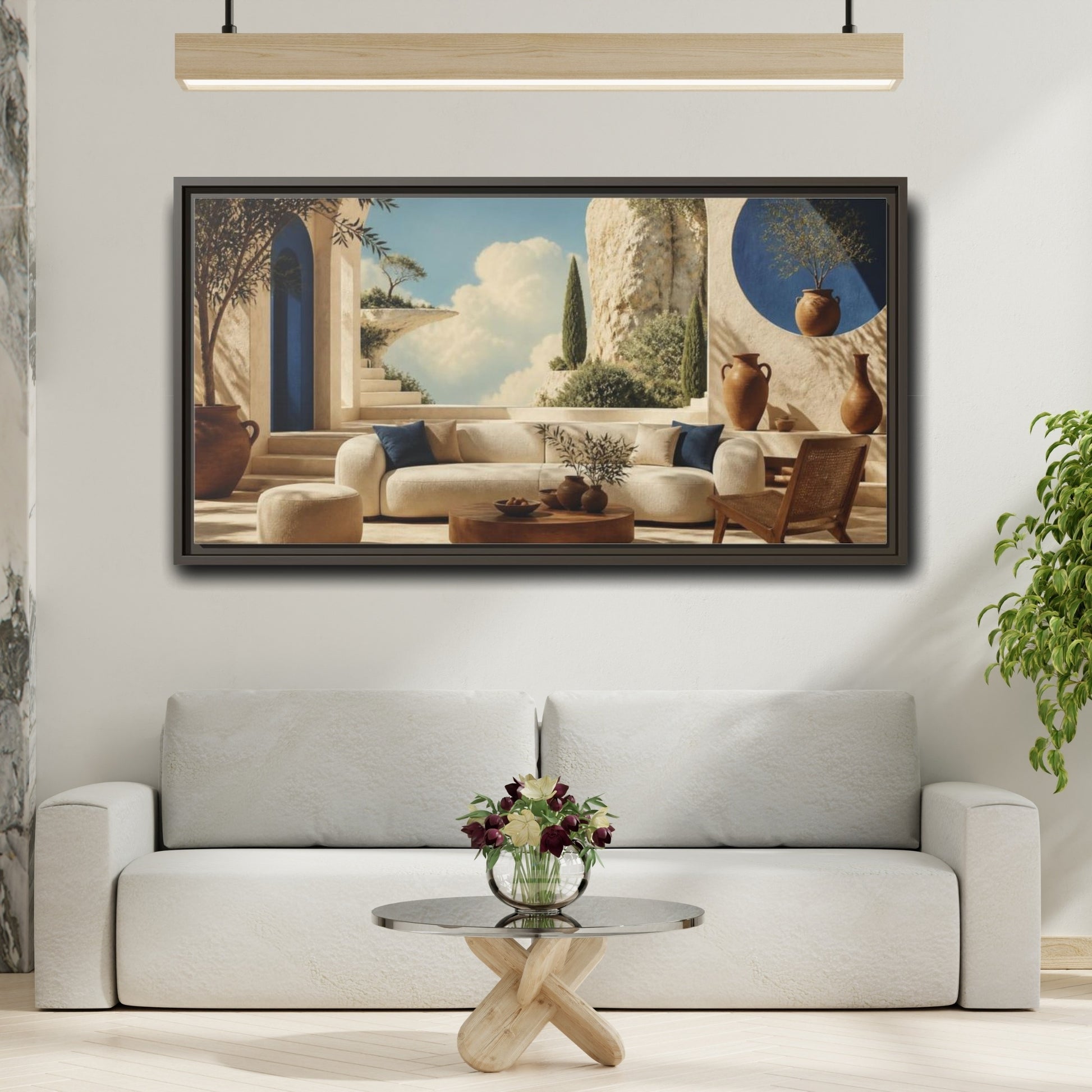 Mockup 2. Living Room Sunlit Courtyard shown as framed canvas print