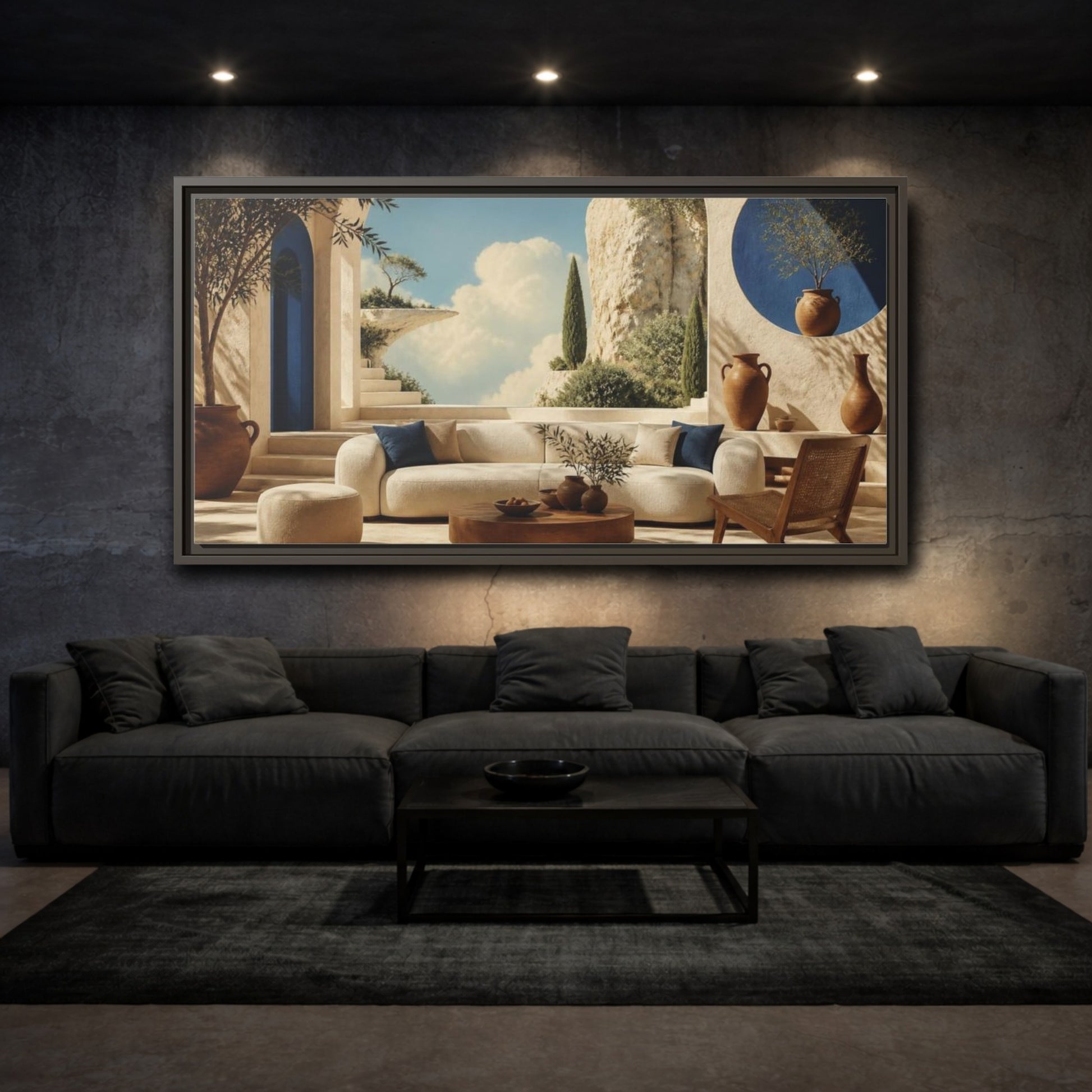 Mockup 3. Living Room Sunlit Courtyard shown as framed canvas print